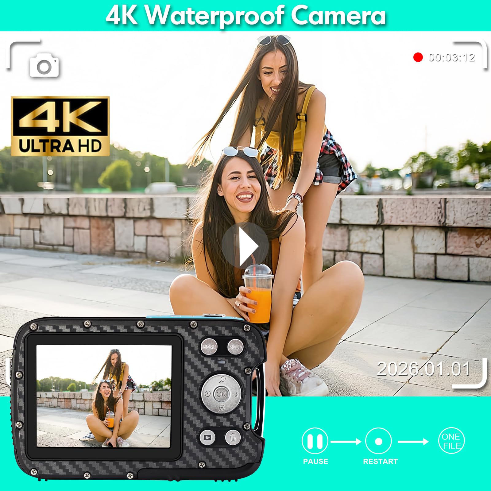 Cámara subacuática 4K de 17 pies impermeable para esnórquel, cámara digital de enfoque automático con tarjeta de 32 GB, luz de llenado de zoom de 18 aumentos, cámaras compactas