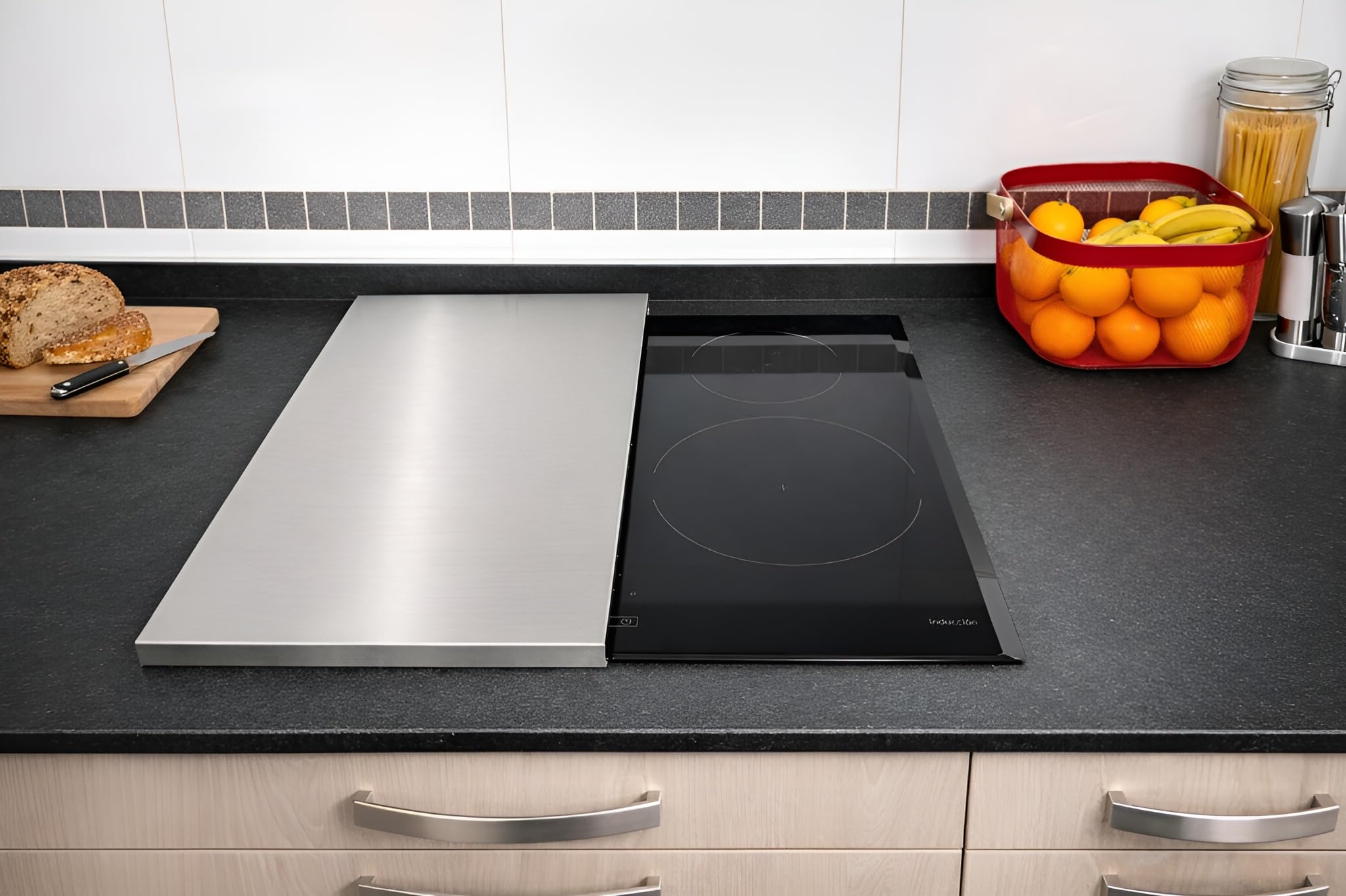 Cache plaque induction et cache plaque de cuisson vitrocéramique 55 x 33 x 2,5 cm – Non gaz – Fait main en Europe. Protection plaque vitrocéramique et protecton induction (1, Inox)