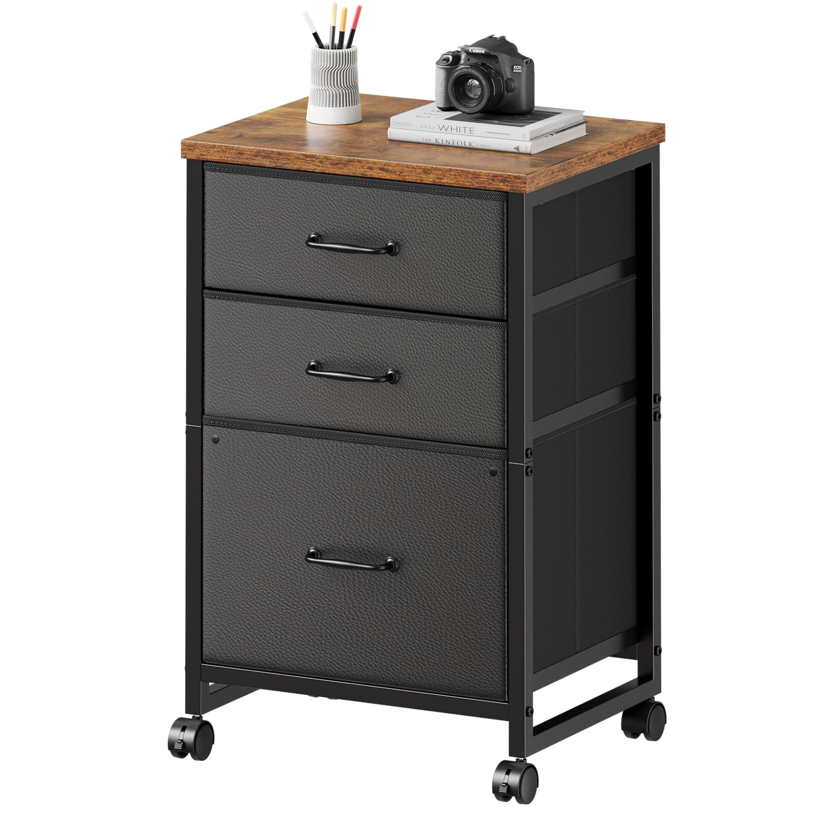 Maihail 3 Drawer Mobile File Cabinet on Wheels Fits A4 Size for Home Office Rustic Brown Top+black Drawer