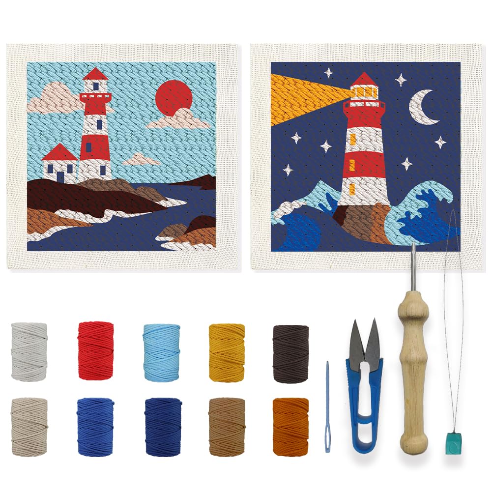 INFUNLY 2PCS Sea Lighthouse Punch Needle Embroidery Kit for Beginners Beacon DIY Punch Needle Starter Kit Lighthouse Handcraft Hooking Set including Printed Pattern Instruction for Festival Gift Home Decor