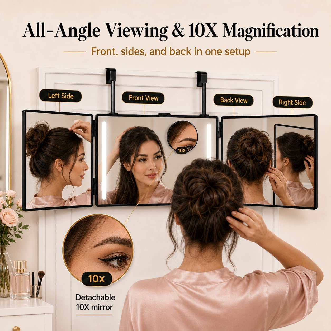 3 Way Mirror for Self Hair Cutting, 10X Magnifying Mirror, Trifold 360°, LED Strips Barber Mirrors with Height Adjustable Metal Hooks for Makeup, Braiding, Hair Styling, Coloring and Shaving, Black