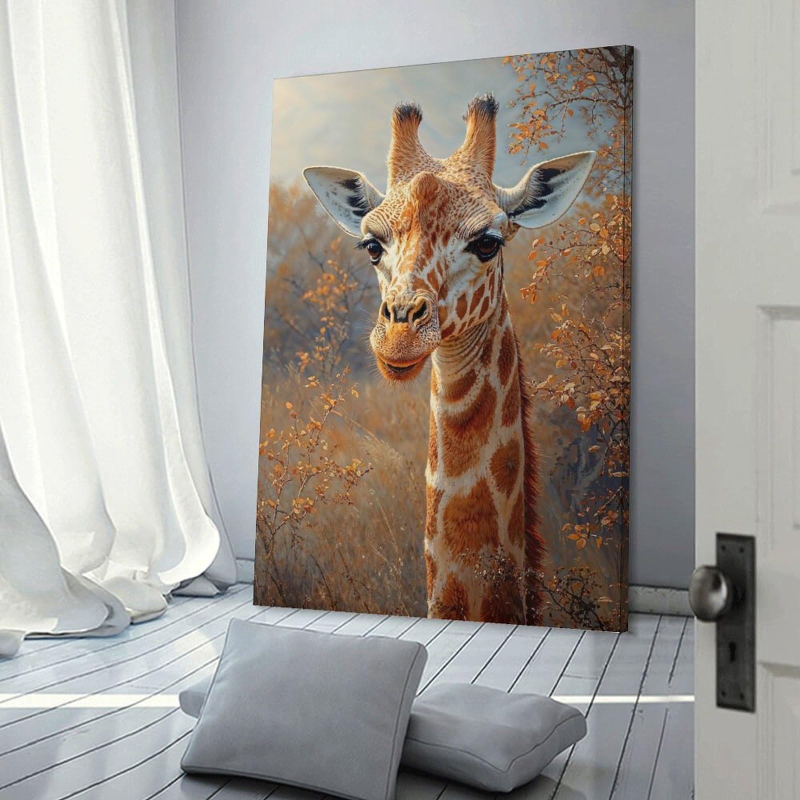 Junmoney Frame-Style-3 Canvas Art Print Giraffe Portrait In Autumnal Setting, 20X30inch(50X75cm), For Contemporary Homes, Apartments Or Offices, Decorative Canvas Decor For Home Updates