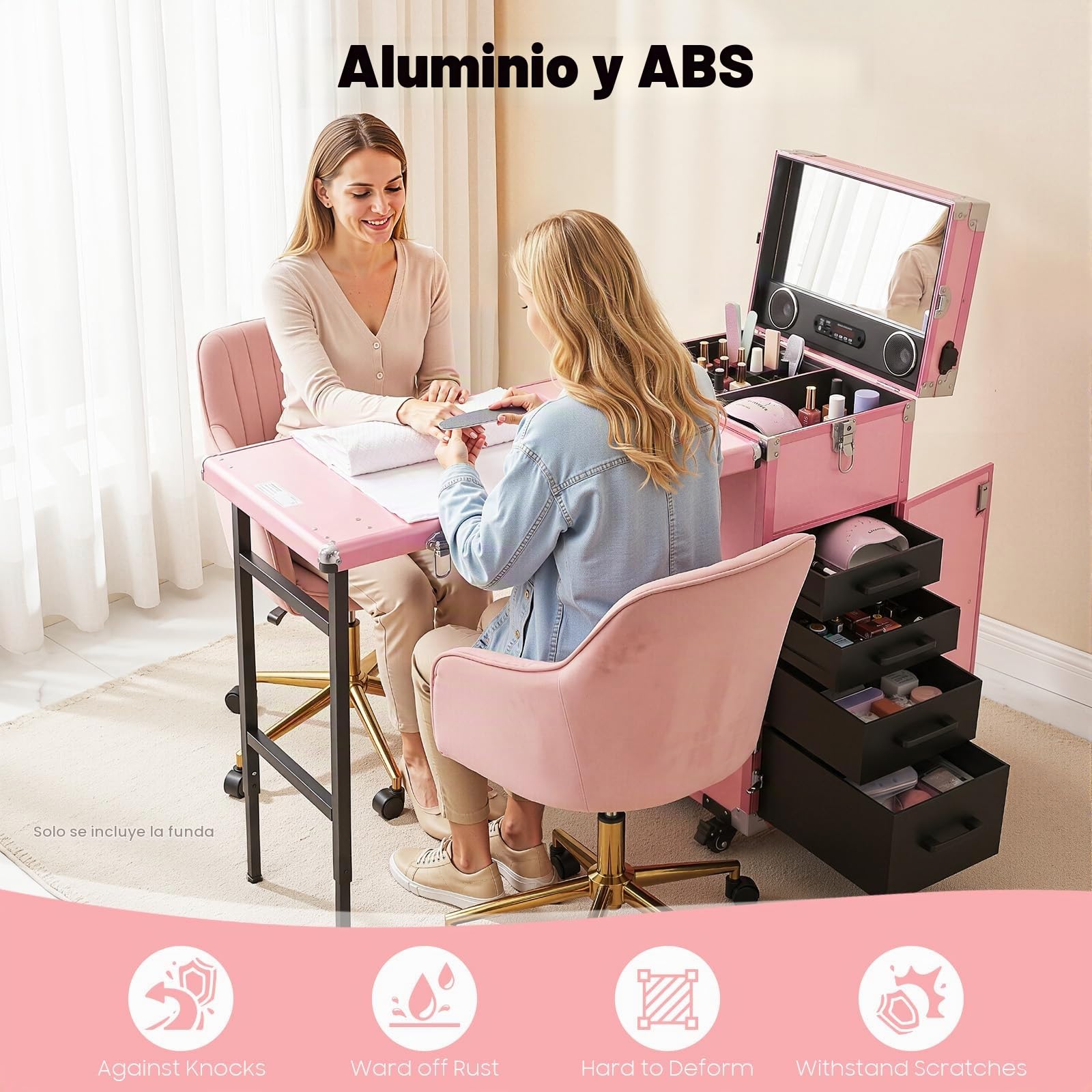 Carro de cosméticos con mesa y 4 cajones, plegable, mesa de manicura, caja de uñas profesional con 4 ruedas, para técnicos domésticos, spa, salón de belleza, lugar de trabajo (rosa)