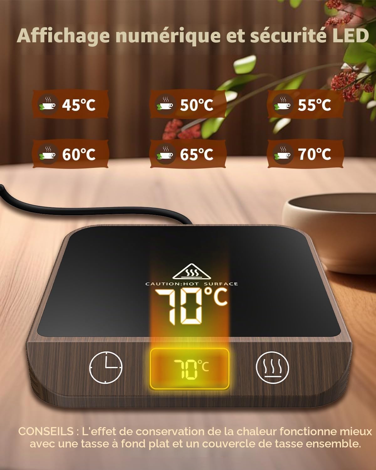 MYMULIKE Chauffe-tasse à café, chauffe-tasse pour bureau, avec 6 températures (45 ℃ à 70 ℃ avec écran LED, chauffe-tasse et minuterie de 1 à 12 heures, pour voiture, café, thé, lait, chauffe-bougie