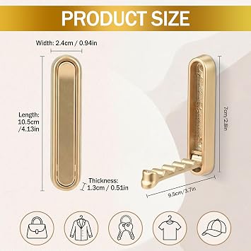 4 Pcs Foldable Wall Hooks for Hanging, Heavy Duty Aluminum Gold Coat Hooks Wall Mount with Wave Anti-Slip Design, Folding Wall Hook for Towel, Bag, Key, Robe, Entryway Bathroom Kitchen, 2 Ways Install