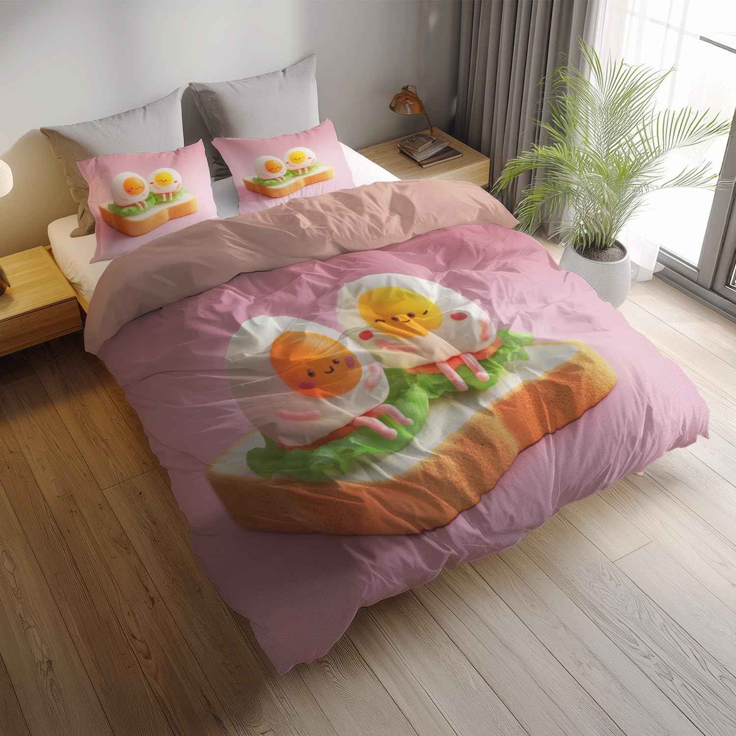 Pościel z kreskówki King Size 229 cm x 221 cm - różowa biała urocza poszewka na kołdrę z jajkiem chleb, dwustronna poszewka na kołdrę i 2 poszewki na poduszki, ultramiękki i oddychający zestaw