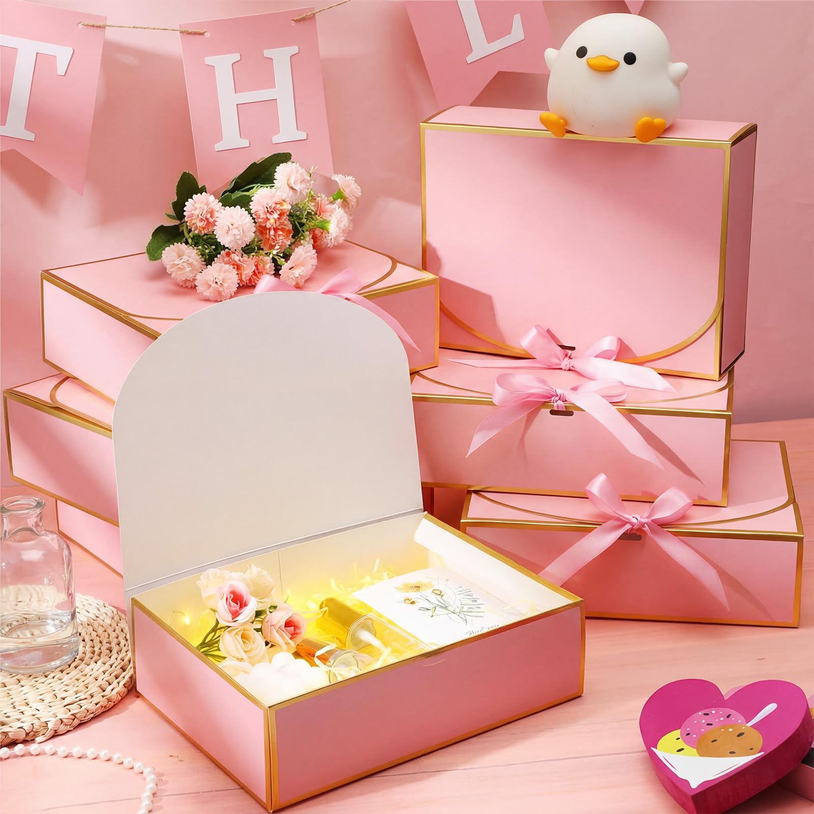 Jaloro 20 Pack Pink Gift Boxes with Lids Bulk 10.6x7.8x3.1inch Pink Gift Boxes with Gold Ribbons Bridesmaid Proposal Box for Presents, Wedding, Birthday, Valentine's Day, Baby Shower, Anniversary