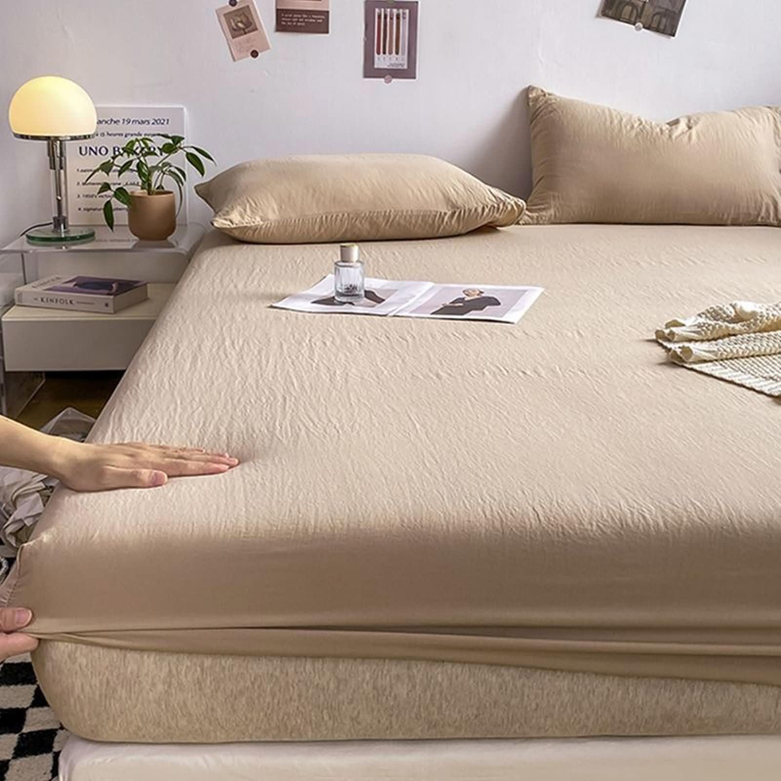 Lirzxin Bedding Fitted Sheet Single, 3 Piece Fitted Bedsheet Set Solid Color Bamboo Fiber Fitted Bedsheet with Two Pillow Cases Easy Care Fade Resistant Bedding, Khaki, 90x200cm