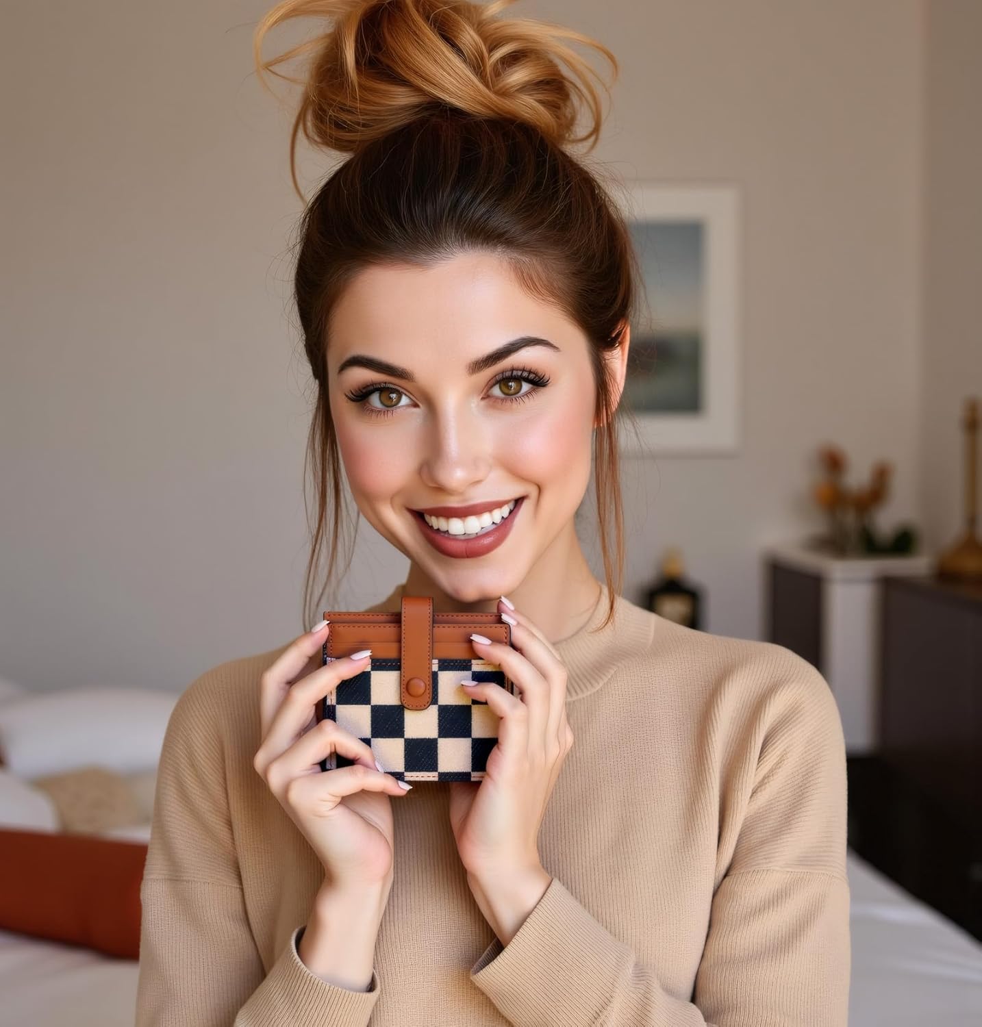 Cute Slim Checkered Canvas Wallet for Women Compact Front Pocket Credit Card Case, Minimalist Purse for Cards (Brown) - Image 6