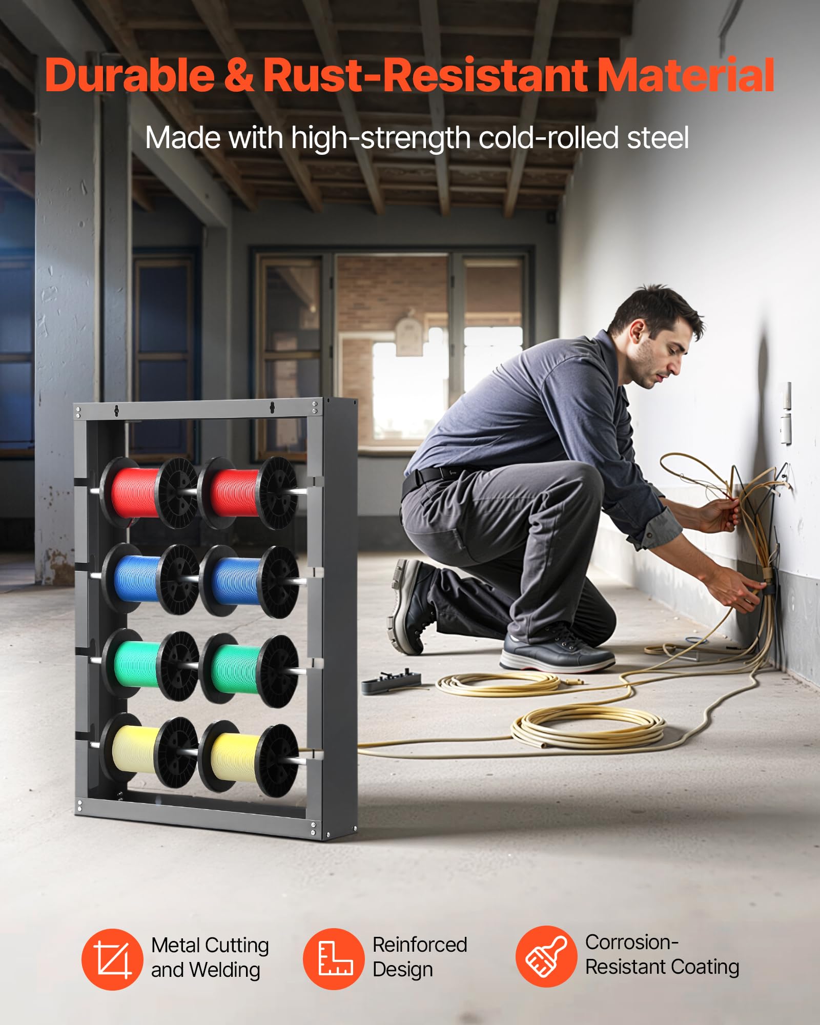 VEVOR Supporto per Bobine di Filo 4 Bracci Regolabili, Supporto a Parete in Acciaio Laminato Bobine Multiple, Organizzatore di Cavi, Distributore di Filo Capacità 68 kg, Uso Elettrico Industriale