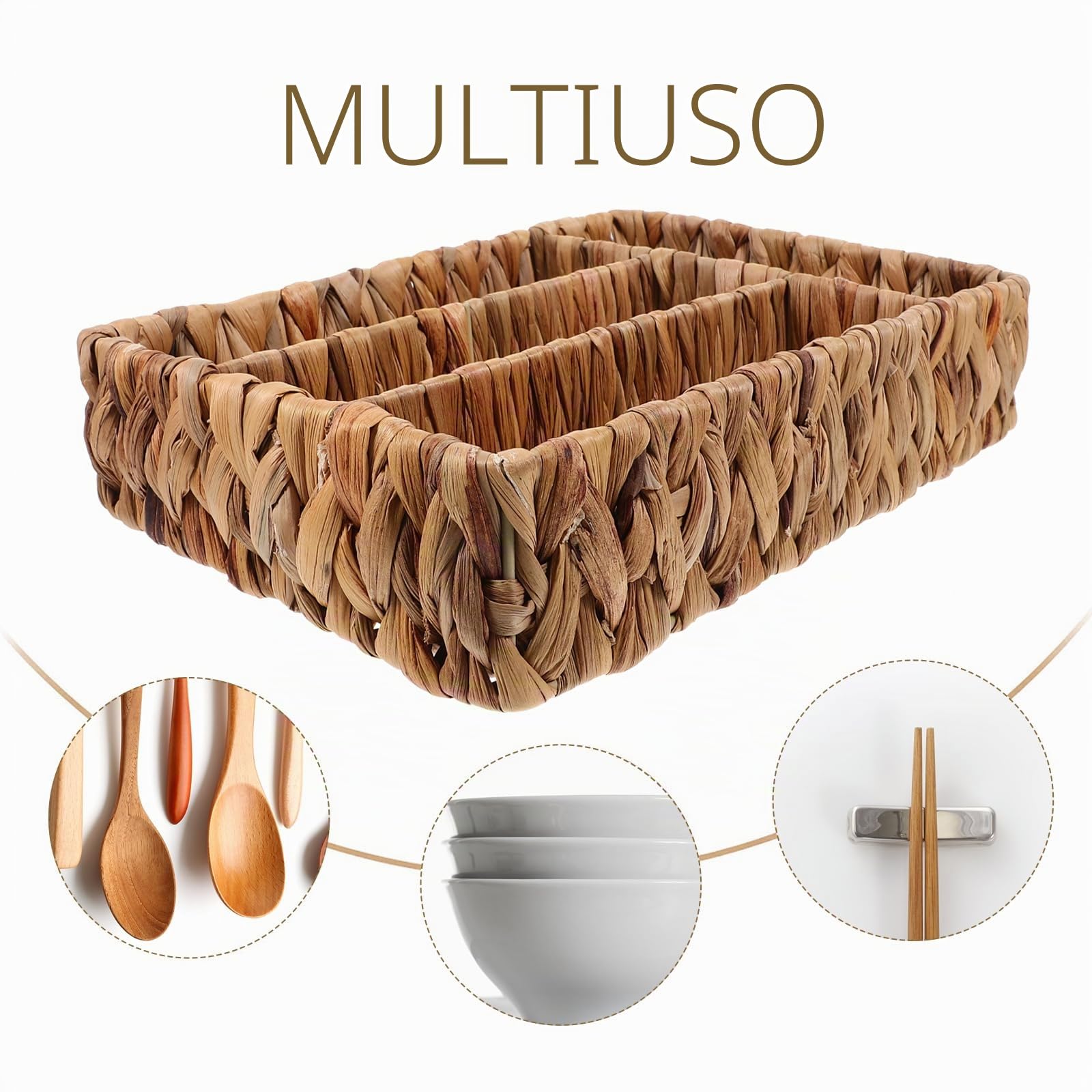 Ciieeo Cestino Porta Posate Intrecciato in Paglia 12.20X8.27X2.48In Organizer Diviso Per Posate E Utensili Da Cucina Design Compatto Salvaspazio Per Tavolo E Cassetti