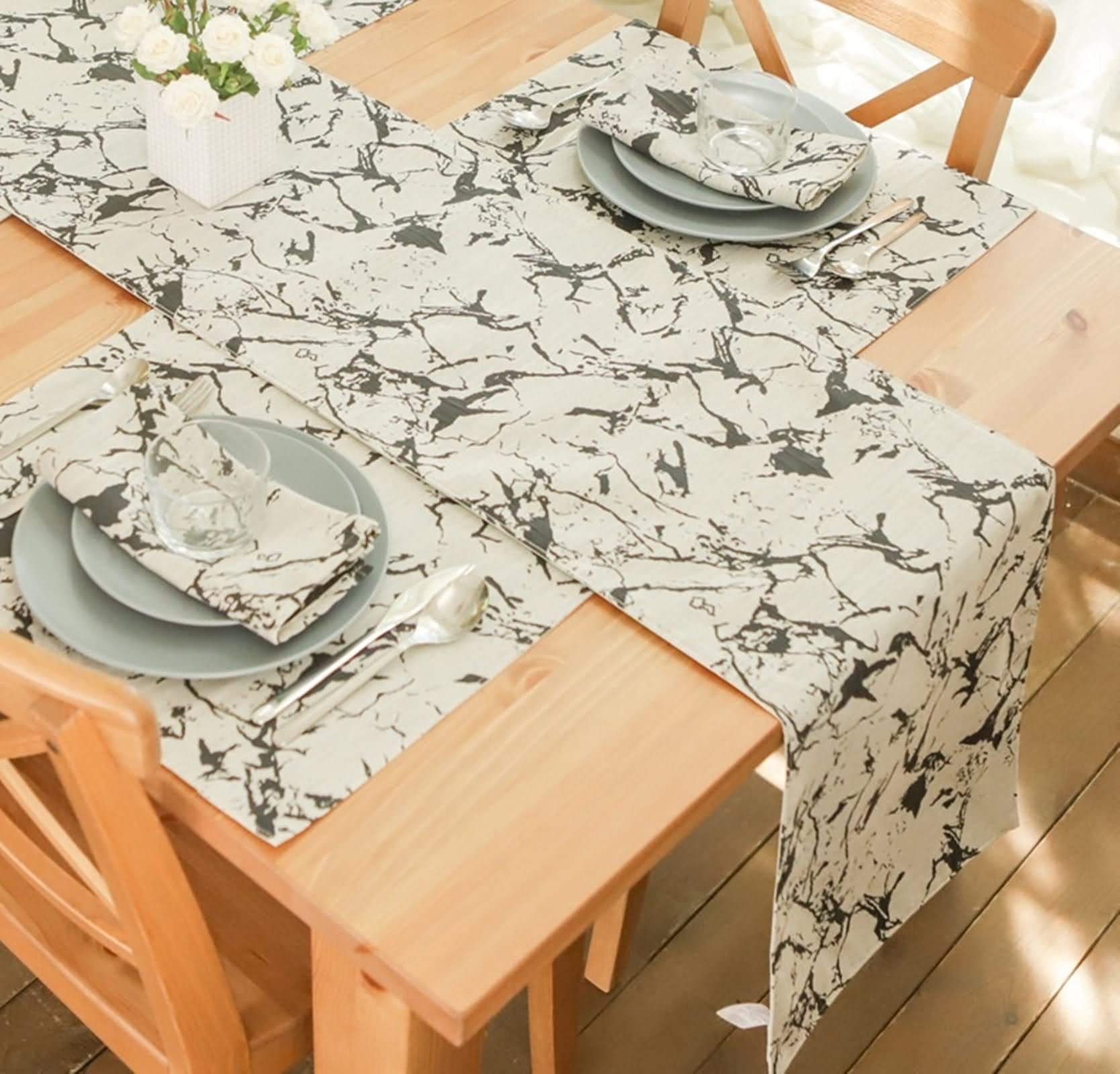 Tischläufer Modern, Tischdecke Rechteckig Schwarz Marmormuster Polyester 35X200cm Tischdeko Hochzeit