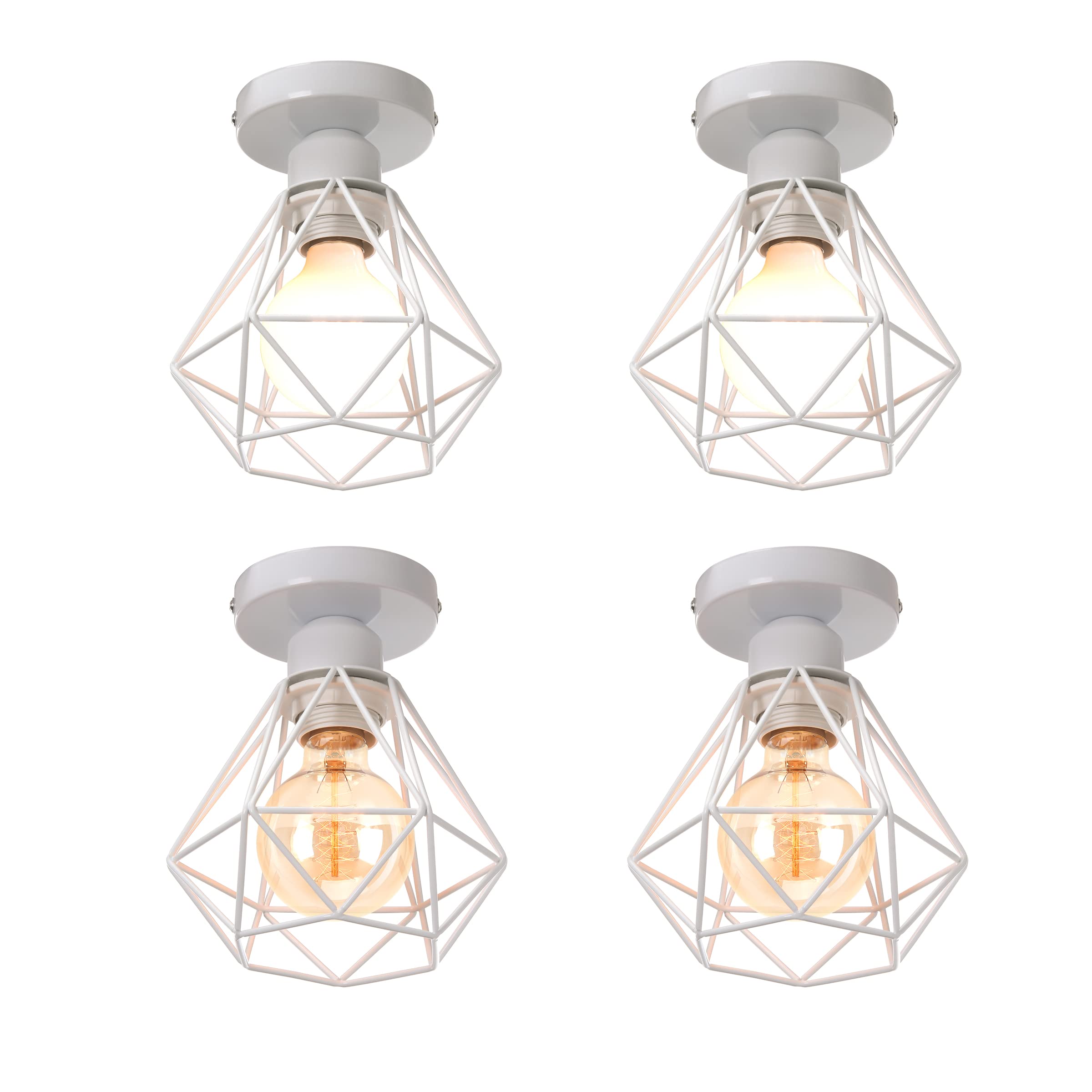iDEGU Lot de 4 Plafonnier Industriel Vintage Lustre Suspension E27 Rétro Luminaire Design Cage Diamant Fer Lampe de Plafond pour Couloir Salon Cuisine Chambre, Ø16cm (Cage B, Blanc)