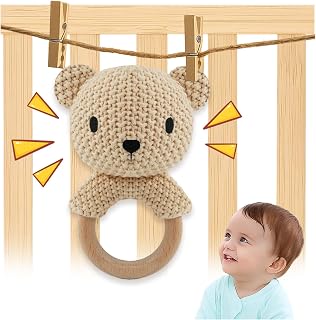 Teddy Bear Baby Rattle Toy 0-6 Months Crochet Knitted Plush Stuffed Animal Teether Natural Wood Ring Cute Bear Baby Gift Gentle Sound Shaker for Newborn Infant Crib Soothing Sleep Aid Gift