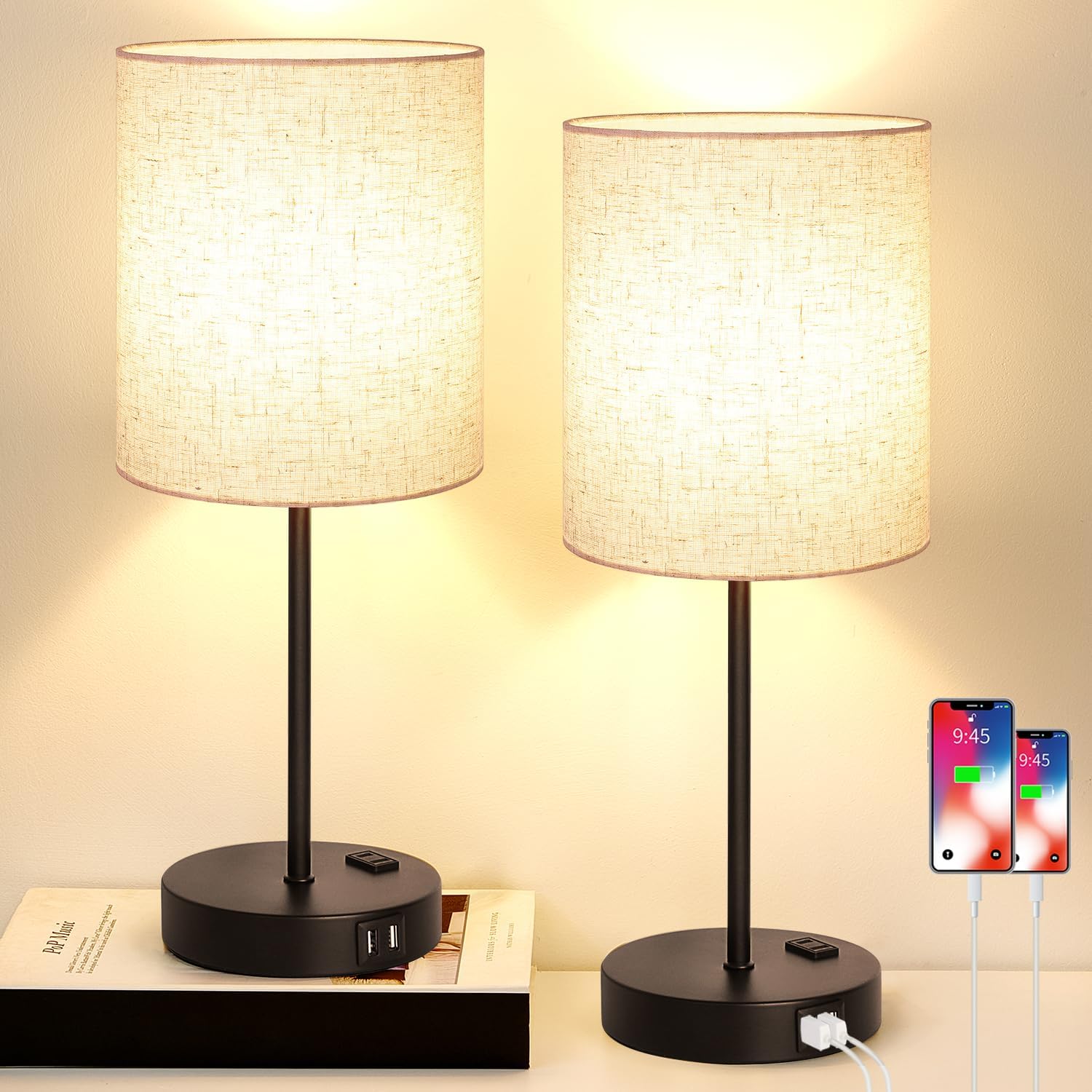 Lynnoland Set of 2 Touch Control Table Lamps with 2 USB & AC Outlet, 3-Way Dimmable Bedside Nightstand Lamps for Bedroom Living Room Nursery, 800 Lumens 3000K Warmlight Bulbs Included Ramie & Black(Base)-Two 3000K Bulbs
