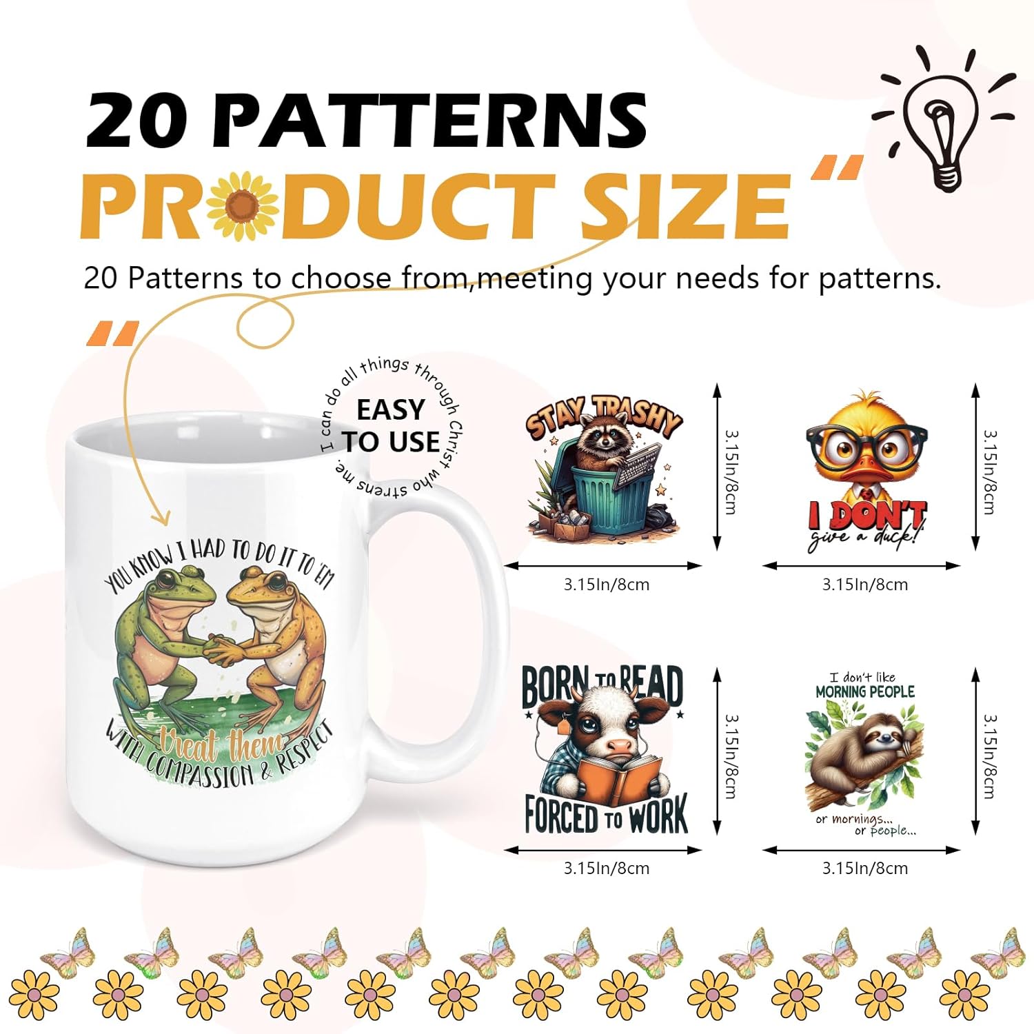 Funny UV DTF Stickers - 20 Sheets Stay Trashy Fun Animal UV DTF Cup Wraps for 16 oz Glass Water Bottle, Cute Highland Cow Chicken Dog Sublimation Transfer Sticker Decal DIY Coffee Mug Craft Decoration