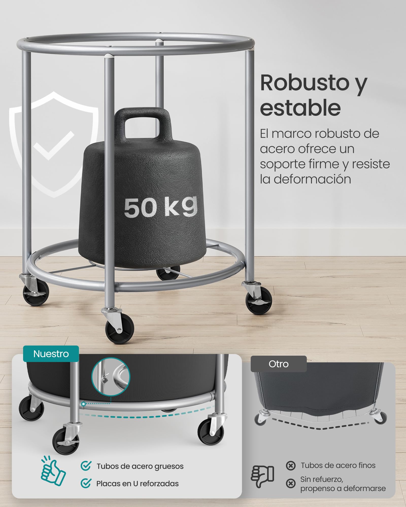 SONGMICS Cesto de Ropa Sucia con Ruedas, Cesta de la Ropa Sucia, 170 L, Cesto Redondo con Marco de Acero y Bolsa Extraíble, 4 Ruedas y 2 Frenos, Negro y Plata RLS001B01