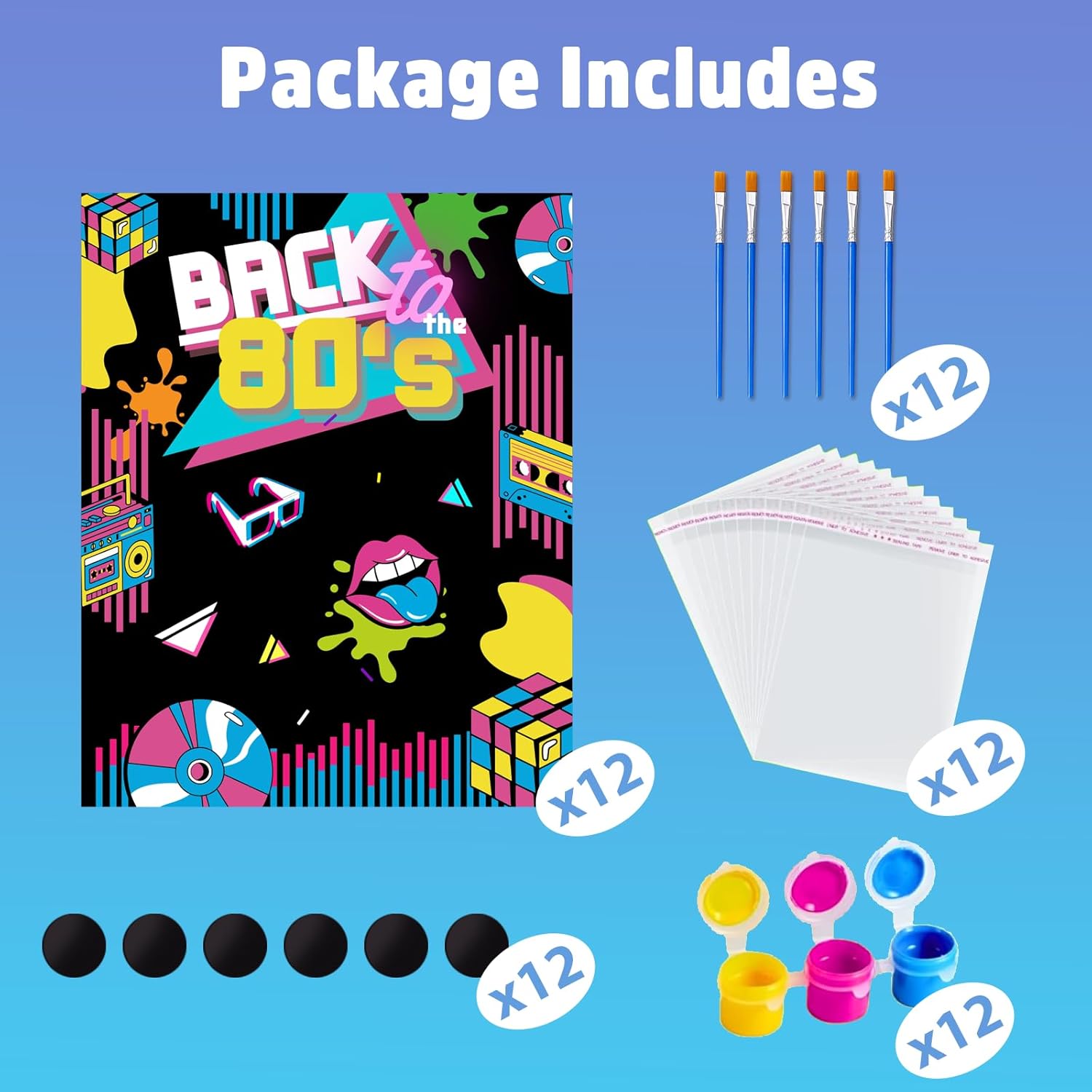 12Pack Pre-Packaged 80s 90s Party Favors: 80s Party Decorations Hip Hop Individually Wrapped Paint Your Own Wooden Craft Kits with Thank You Card 1980s Theme Party Decorations for Kids