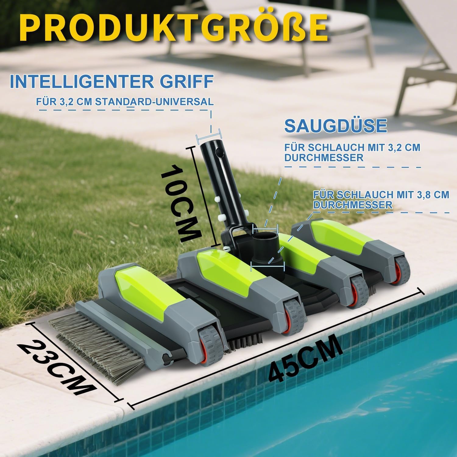 Poolbürste mit Sauganschluss, 45cm Robuster Pool Bodensaugerbürste mit Rädern, Poolsauger Bürste Flexible mit Seitenbürste und Bodenbürstenkopf, Pool Bürste Sauger Passend für 3,2cm&3,8cm Schläuche