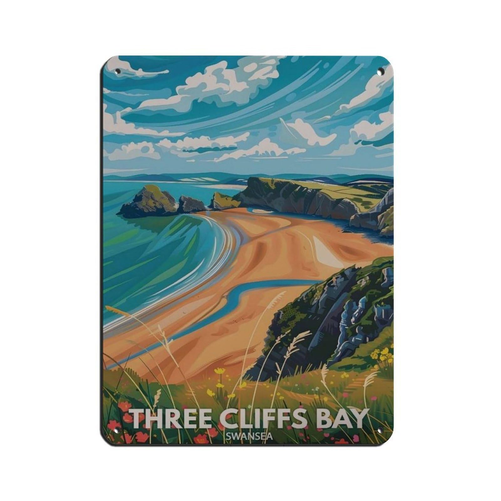 Lxwnze 30L X 40W Cm Three Cliffs Bay Poster, Swansea Travel Tin Sign Vintage Metal Pub Club Cafe Bar Home Wall Art Decoration Poster Retro 12X16inch(30X40cm)