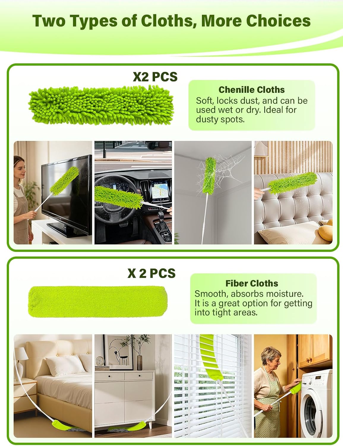 Bend-Free Gap Dust Cleaner Cleaning Tools Washable Flat Duster Brush with 4 Microfiber Chenille Dusting Cloths Long Handle 56 inches for Cleaning Under Appliances Furniture Couch Bed Fridge Ceilings