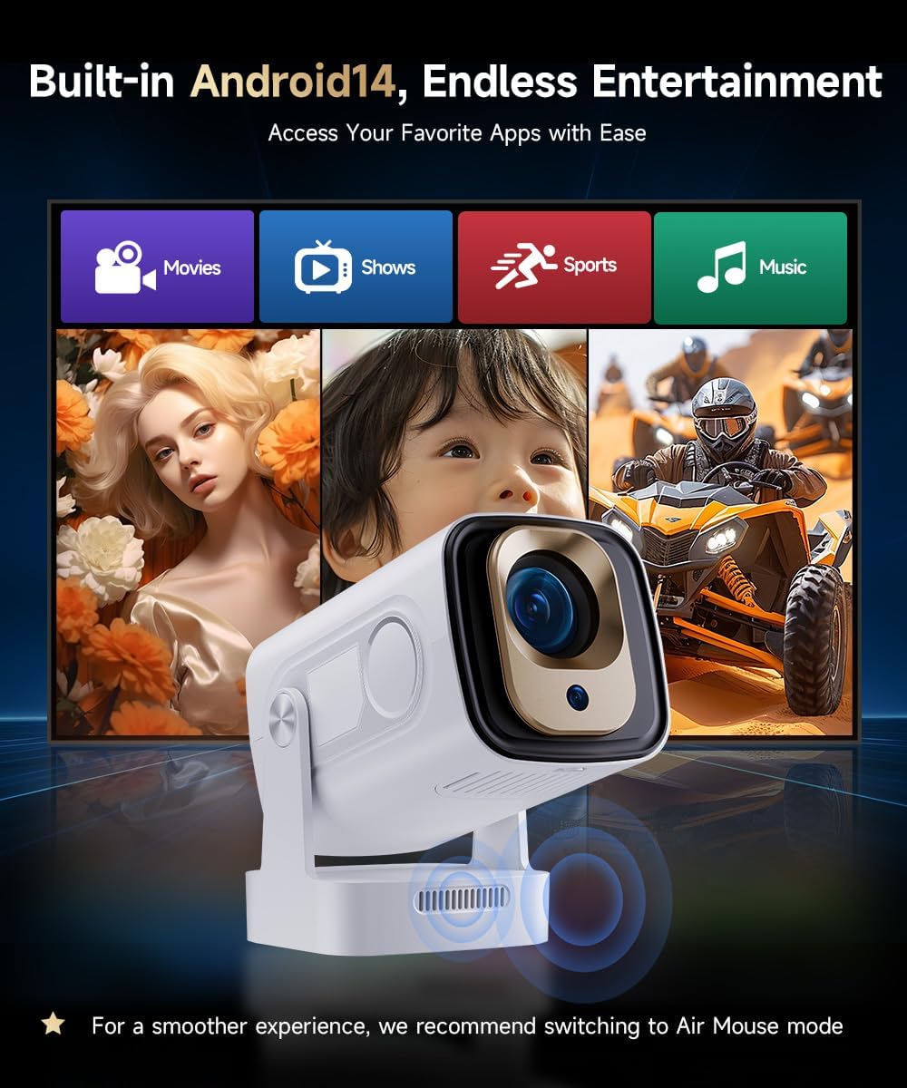 Magcubic Mini Smart Projector 4K Support, Native 1080P, Auto Focus, Built-in Apps, WiFi 6, Bluetooth 5.4, Android 14, Auto Keystone, 5W Speaker