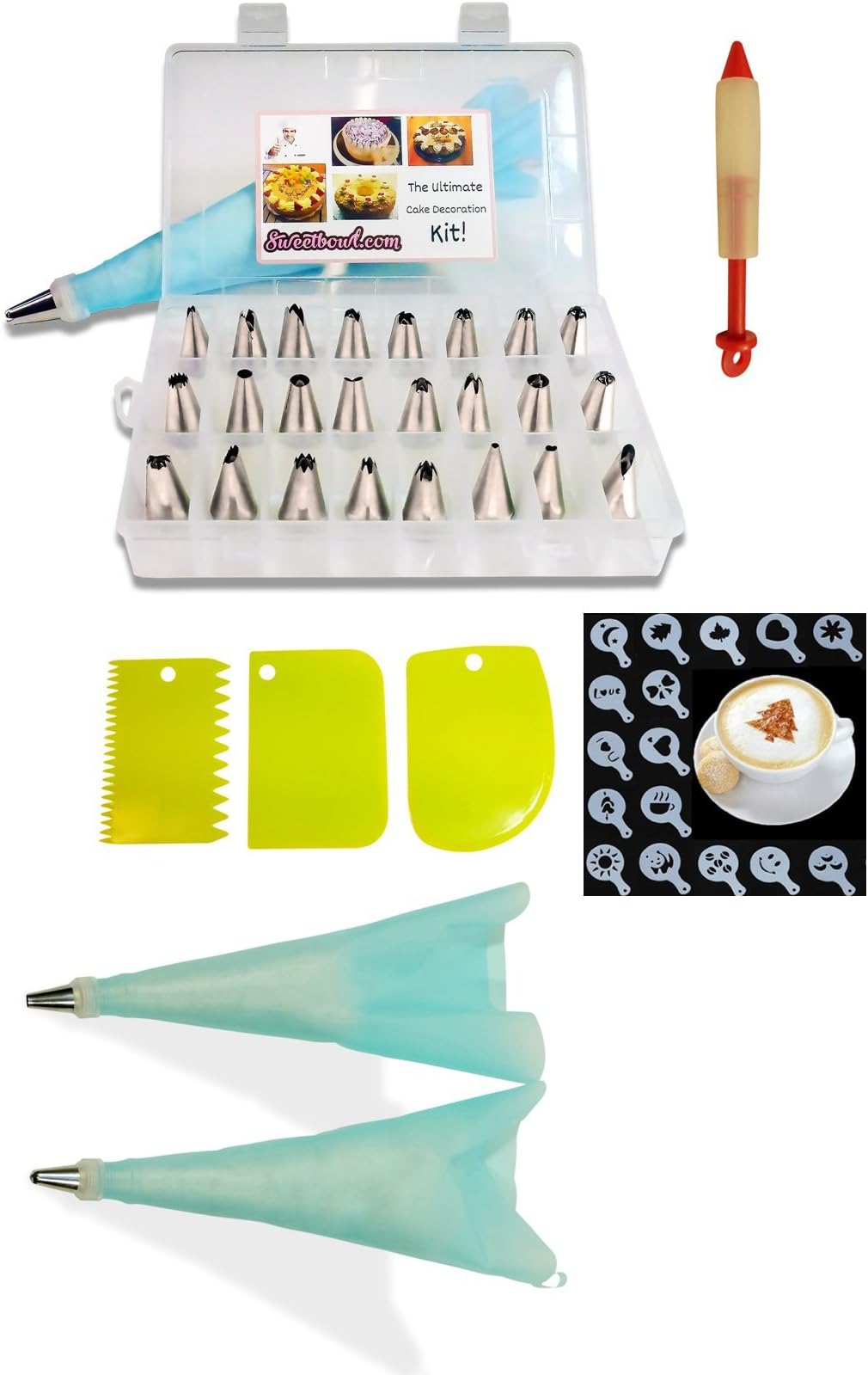 Cake Icing Kit For piping Icing By Sweetbowl – 24-Piece Piping Nozzles Set With 2 Reusable Piping Bags & 2 Couplers – Bonus Piping Pen & 3 Plastic Scrapers Set & 16 Stencils Included