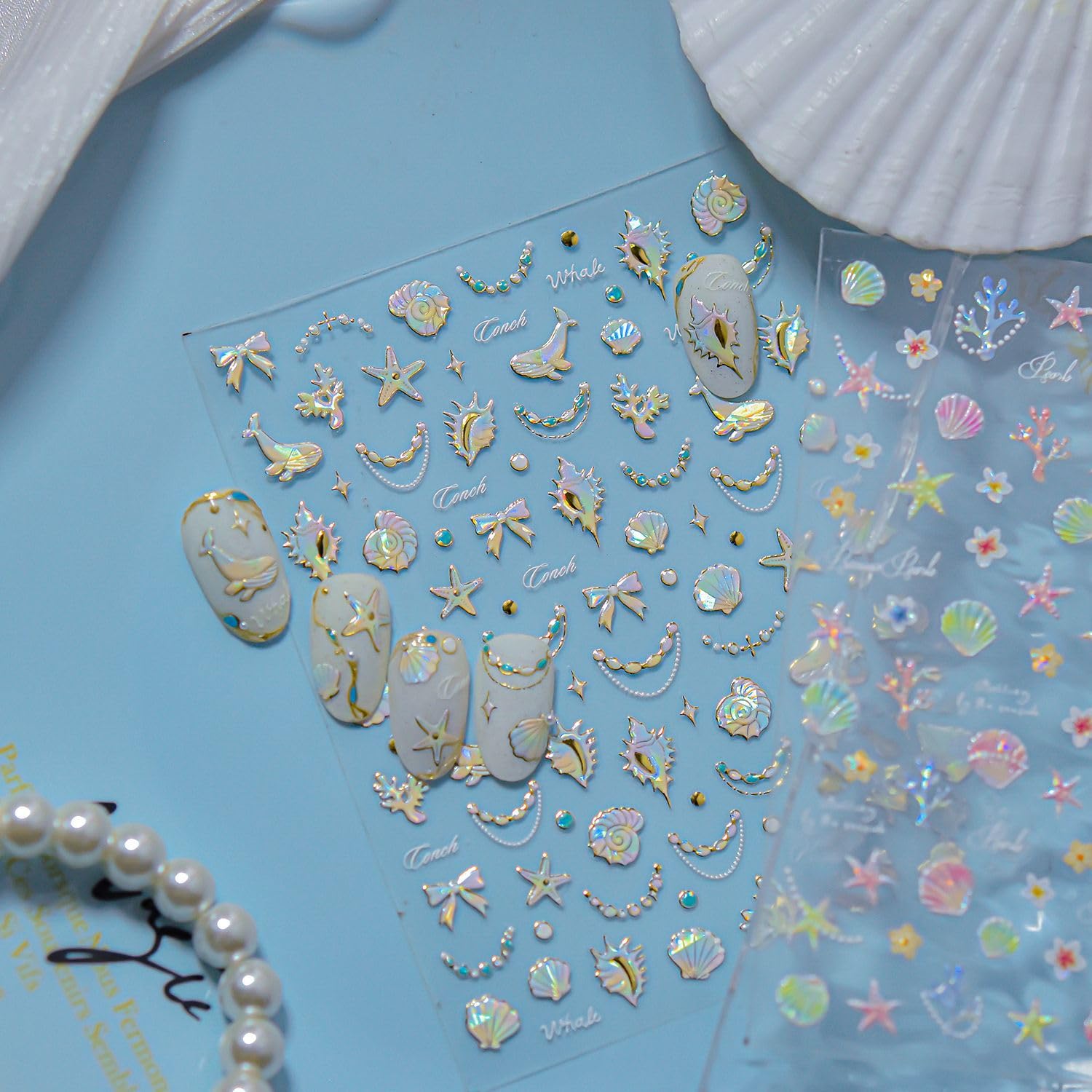 Ocean Theme Nail Stickers Summer Nail Decals 5D Sea Shell Whale Coral Bow Starfish Design Nails Adhesive Stickers Slider Manicure Accessories Shiny Ocean Nail Art Supplies Charms Decorations for Women - Image 4