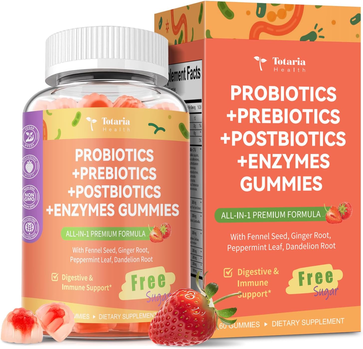 Sugar Free 5-in-1 Probiotic Prebiotic Postbiotic Gummy, 36 Strains Probiotics for Women Men with Digestive Enzymes, Peppermint, Complete Immune, Gut & Digestive Support, Vegan, 60 Counts