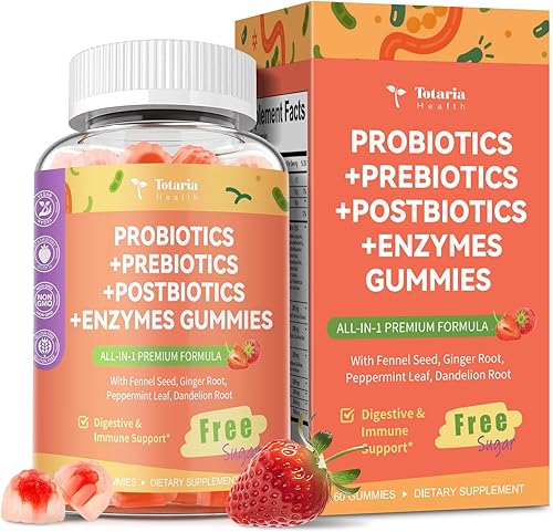 Totaria Gomitas prebióticas prebióticas 5 en 1 sin azúcar, 36 cepas de probióticos para mujeres y hombres con enzimas digestivas, menta, inmune
