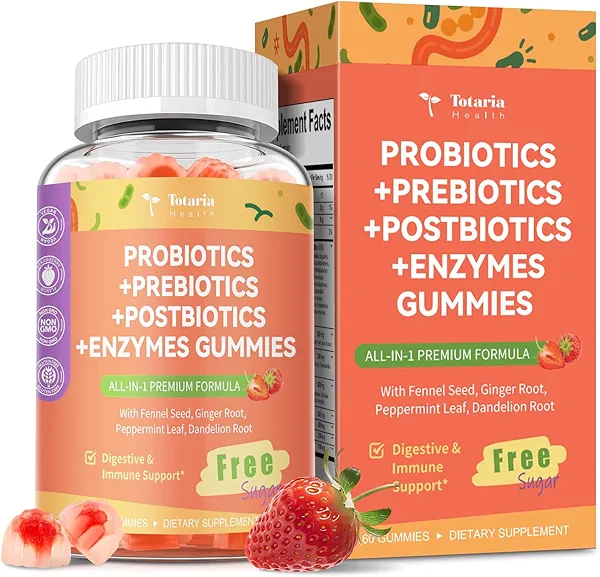 Totaria Sugar Free 5-in-1 Probiotic Prebiotic Postbiotic Gummy, 36 Strains Probiotics for Women Men with Digestive Enzymes, Peppermint, Complete Immune, Gut & Digestive Support, Vegan, 60 Counts