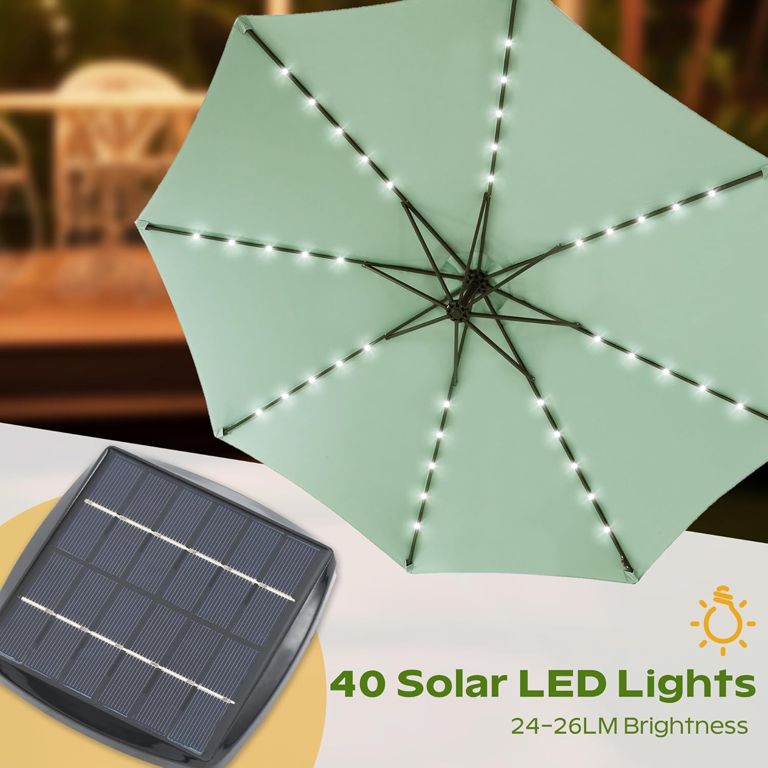 10FT Umbrella Outdoor Patio - Tilt Adjustable Offset Hanging Black Deck Umbrellas with 40 Solar Led Lights and 8 Ribs for Beach, Pool