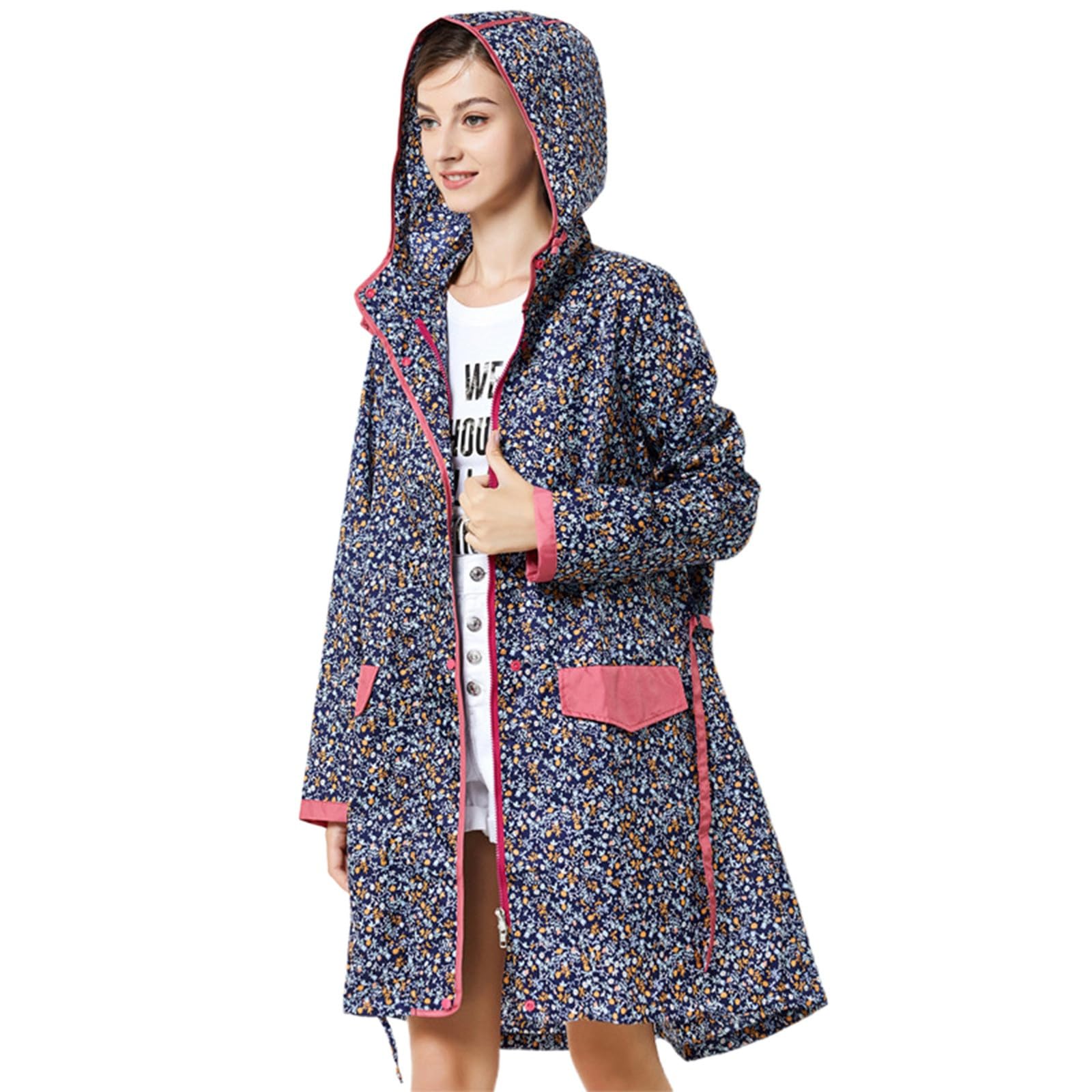 Generico Antipioggia Donna-Giacca Antivento Leggera Lunga Con Cappuccio Con Cintura In Vita E Stampa Floreale Elegante Da Donna Per Attività All'Aperto