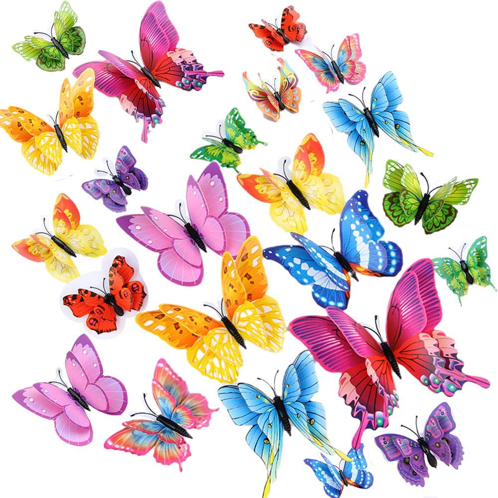 CL-Link 24PCS 3D Butterfly Wall Decals Butterflies Wall Stickers Removable Colourful Double Wing Butterfly Decor for Girls Stickers Kids Bedroom and Room Decoration Art Mural