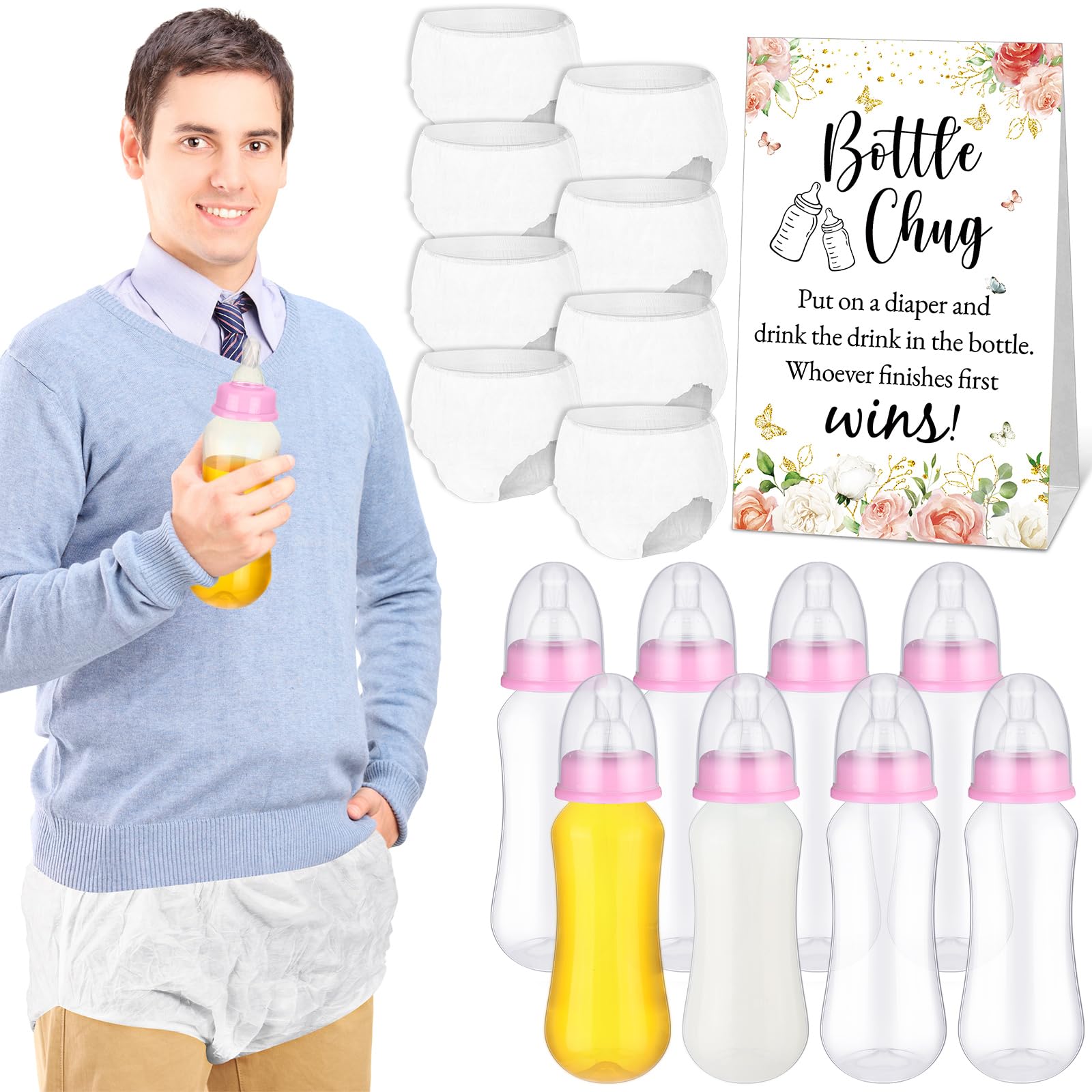 Juego de 17 piezas para baby shower, juego de regalo para el cambio de pañales, incluye 8 divertidos tragos de botellas de plástico, 8 pañales desechables y 1 letrero de juego para fiesta de