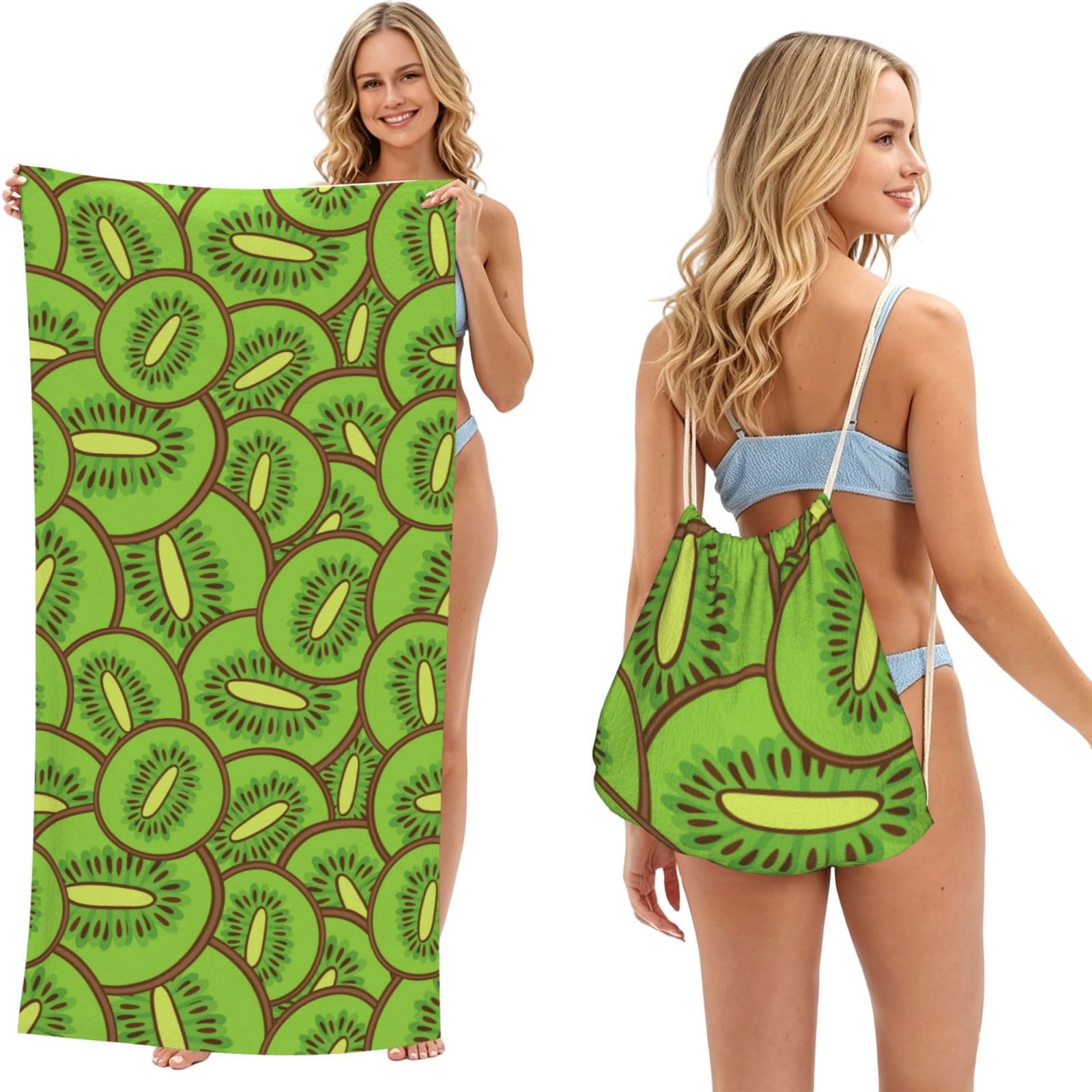 Poadnly Green Kiwi Pattern, 2 in 1 Packable Towel Bag, Beach Towels with Drawstring Backpack for Travel Holiday Camping