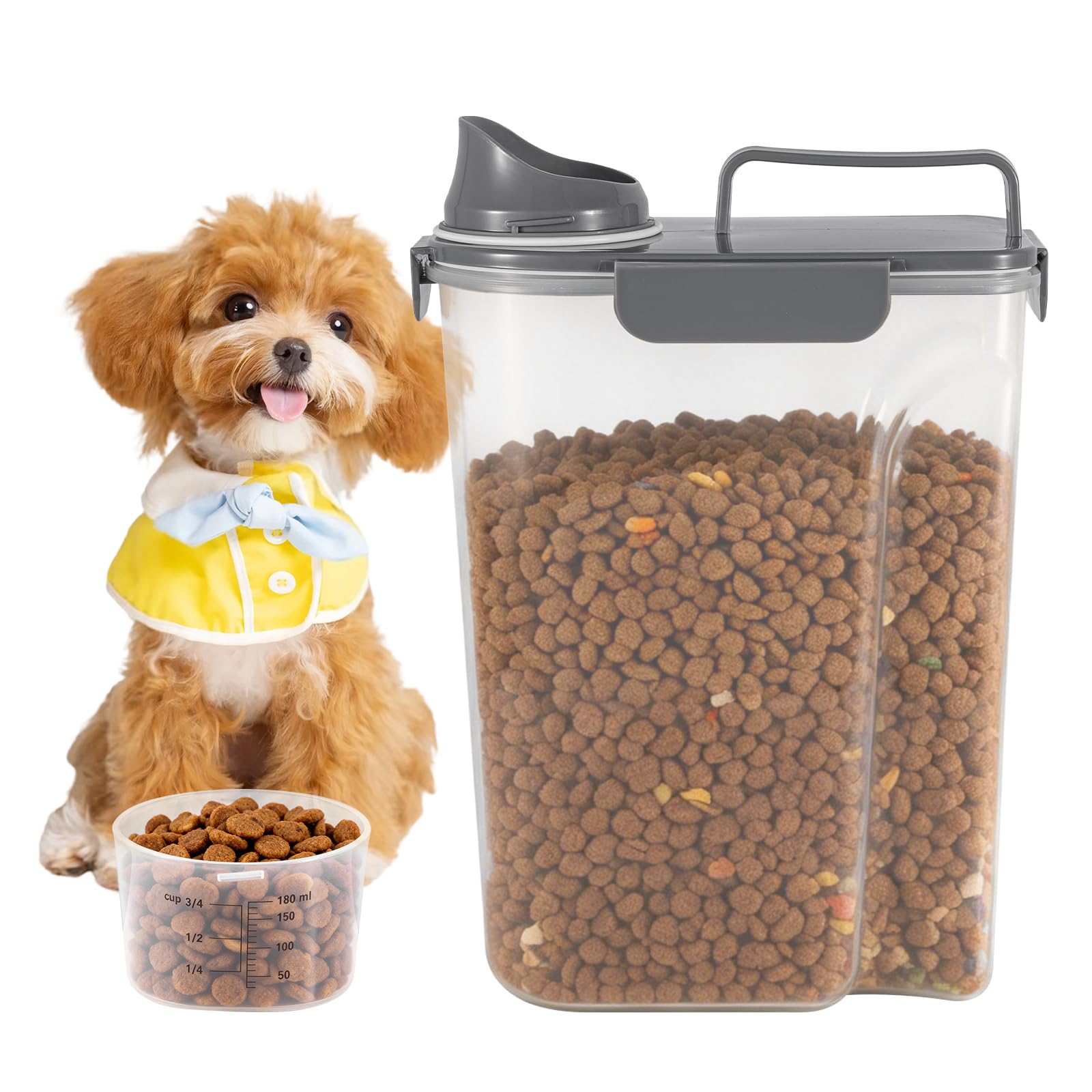 Sunnynest Gray Dog Food Storage Container 5L Portable Pet Food Container Dog Food Storage Container Airtight Cat Pet Food Storage Container With Measuring Cup Pour Spout Food Dispenser (Gray)