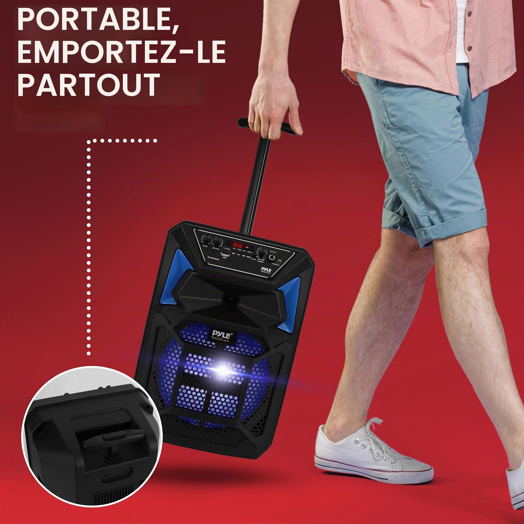 Pyle Système de Haut-Parleur Bluetooth Portable PA 400W Haut-Parleur Bluetooth Portable avec Télécommande Microphone Entrée Microphone Lumières de Fête Lecteur MP3/USB Carte SD Radio FM Roues