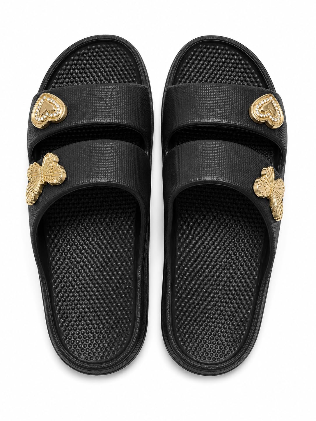 Women's EVA Platform Slide Slippers | Soft Cushioned Slip-On Sandals | Lightweight Anti-Skid Thick Sole | Cute Butterfly Heart Cartoon Charm Design | Bathroom Home Beach Pool Travel Indoor Outdoor Casual Comfort Fashion Slides | Black-image-31