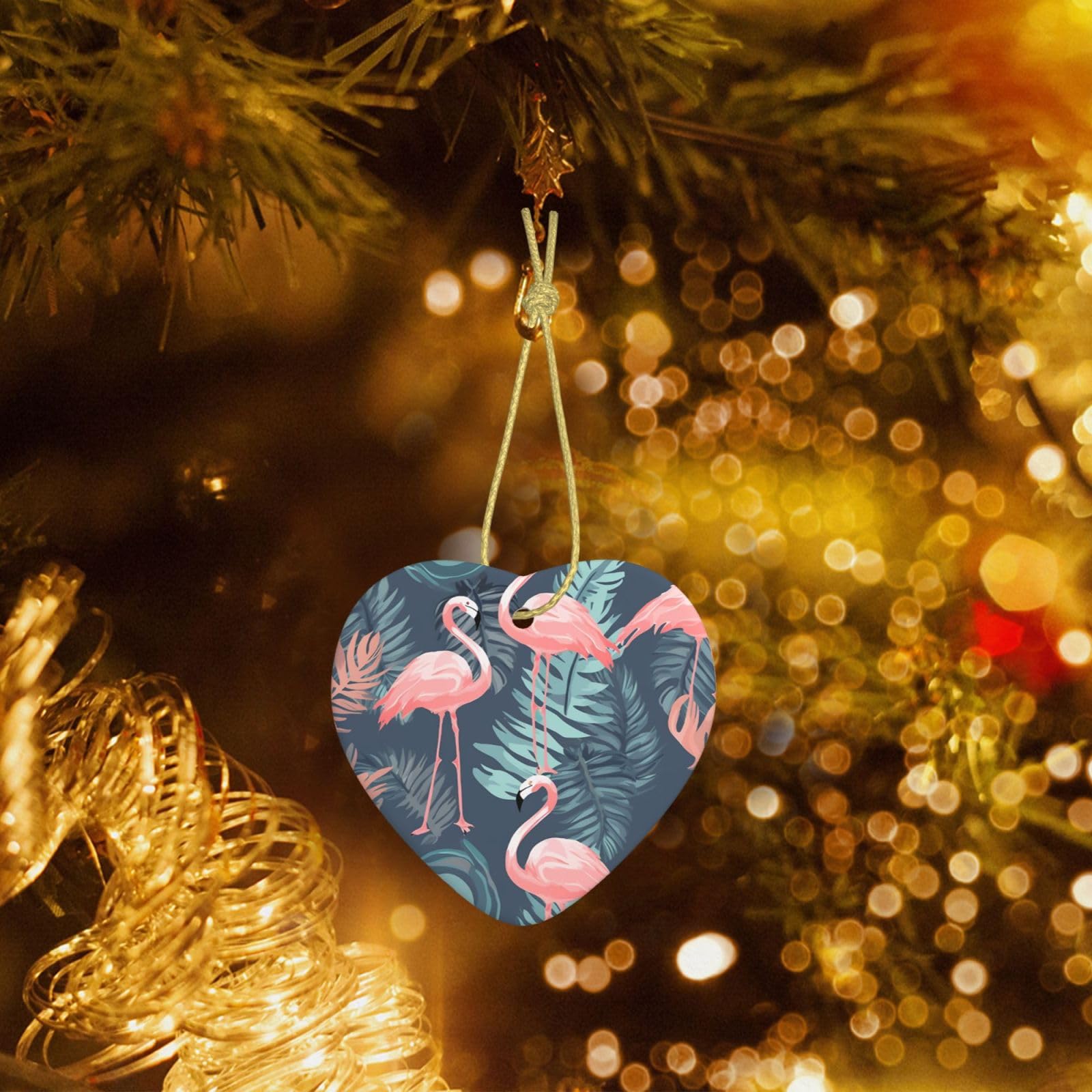 Christmas Heart Shaped Ornaments 1 Pcs, Double-Side Ceramic Xmas Tree Hanging Ornament with Gold String Summer Flamingo Palm Leaves Personalized Porcelain 2025 Christmas Pendent