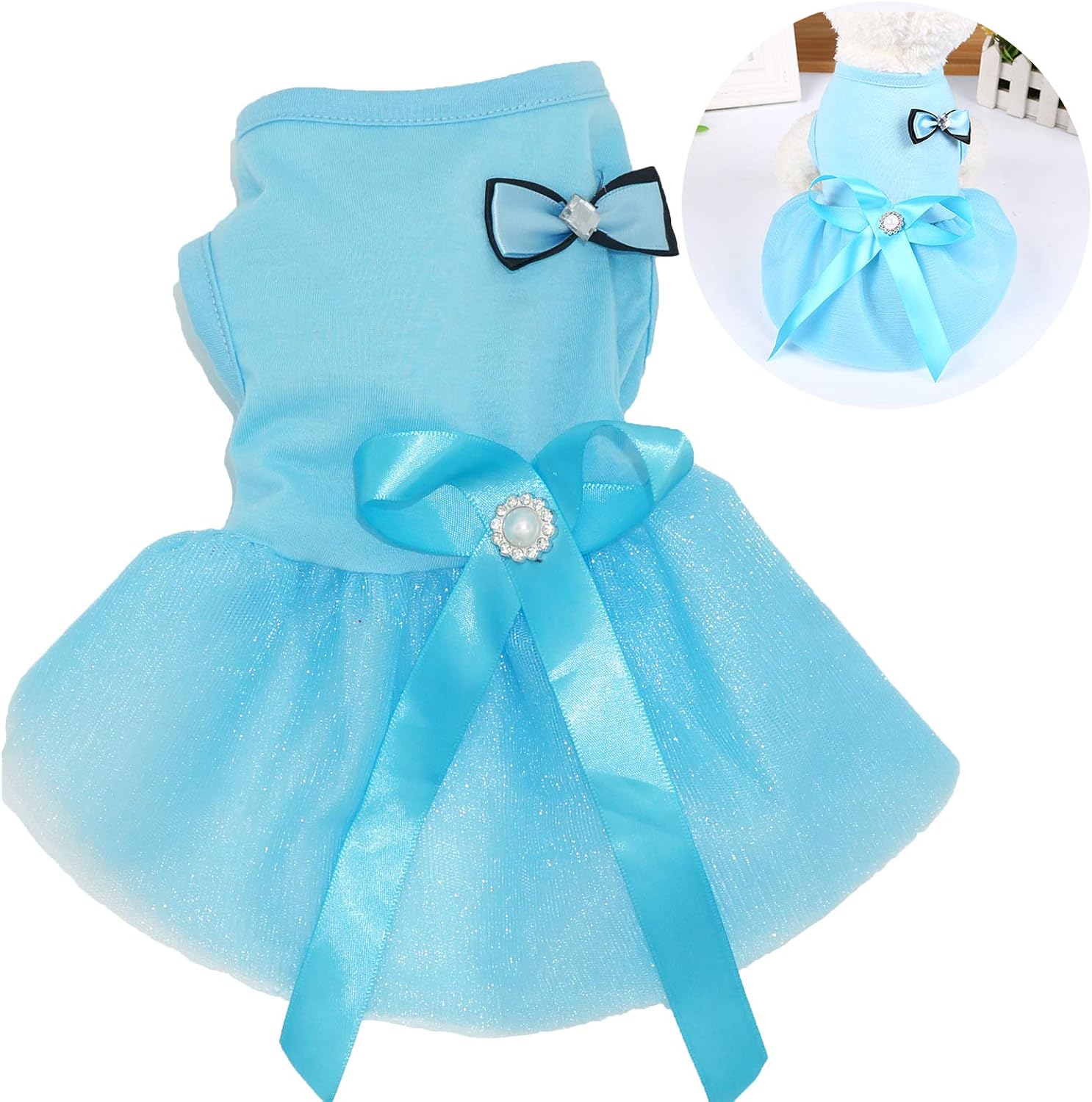 Dog Dresses for Small Medium Dog Cat Pet Dog Princess Tutu Dresses Dog Skirt Bow Crystal Belt Skirt Pet Clothes (Large, Blue)