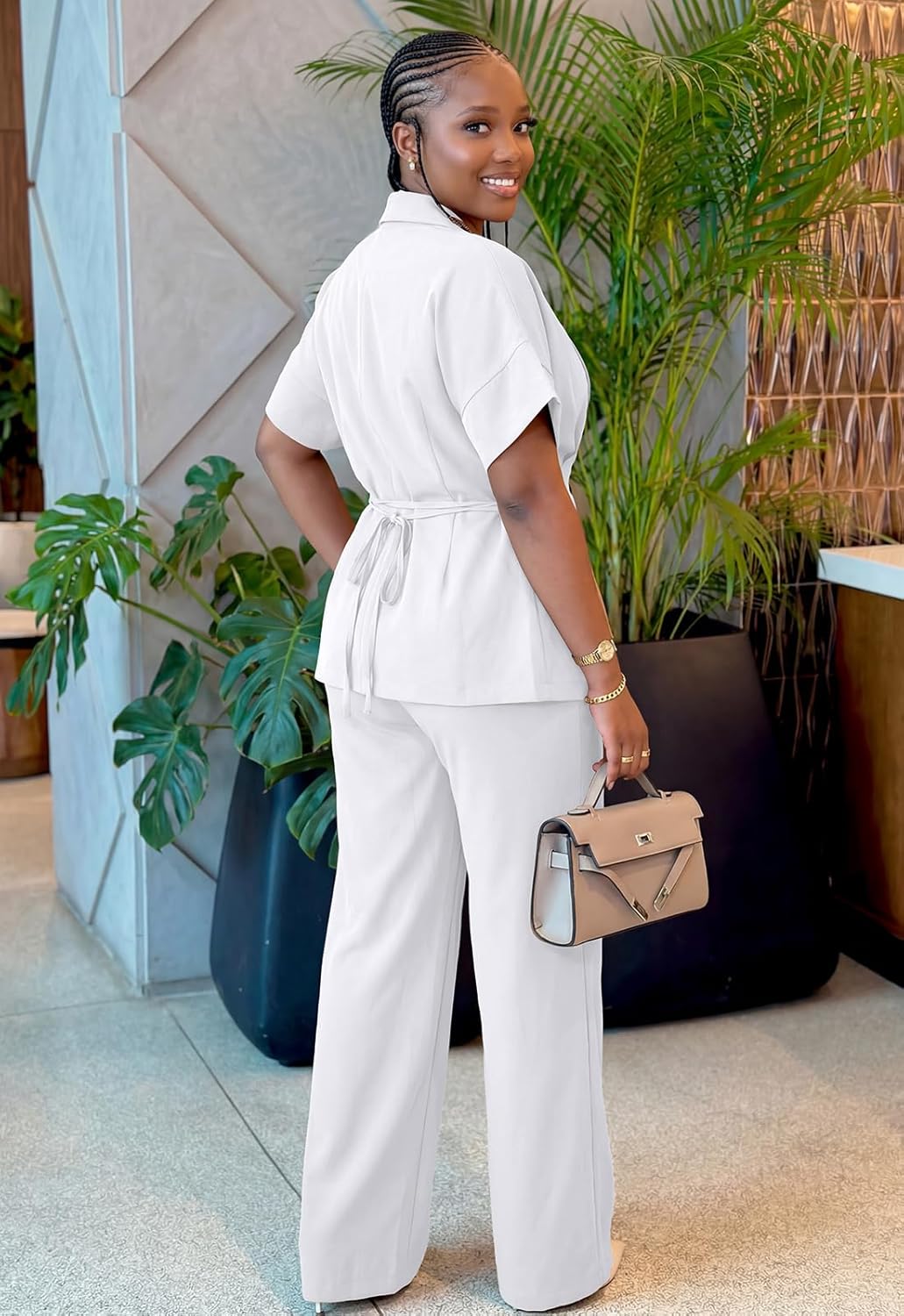 Women's 2 Piece Suit Set Short Sleeve Blazer & Wide Leg Pants Set Summer Work Pantsuit for Business Casual - Image 5