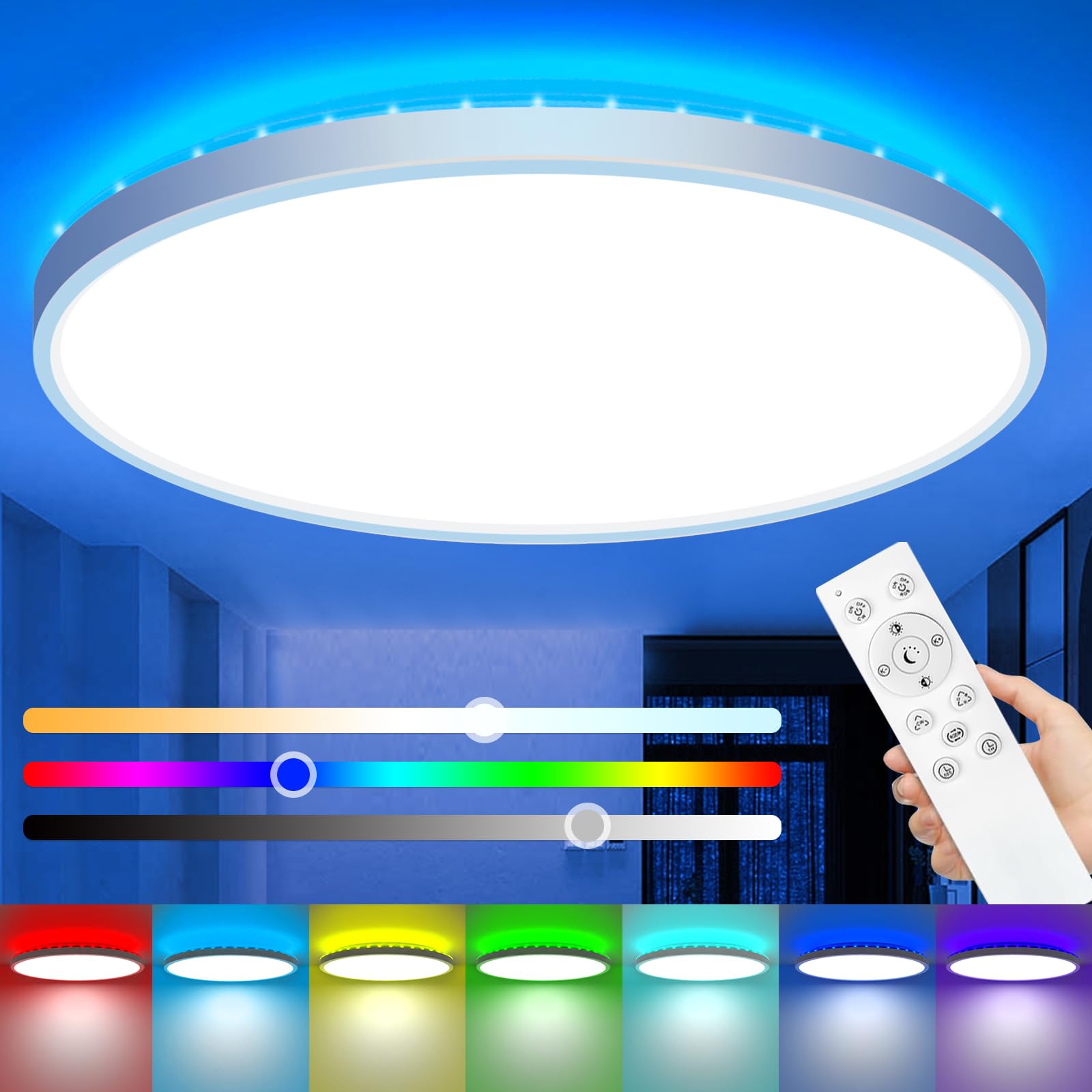 zemty 36W 3600LM LED Deckenleuchte Dimmbar, 39CM RGB Farbwechsel Deckenlampe 3000K-6500K, IP54 Wasserfest Flach Badlampe Decke für Badezimmer Kinderzimmer Schlafzimmer
