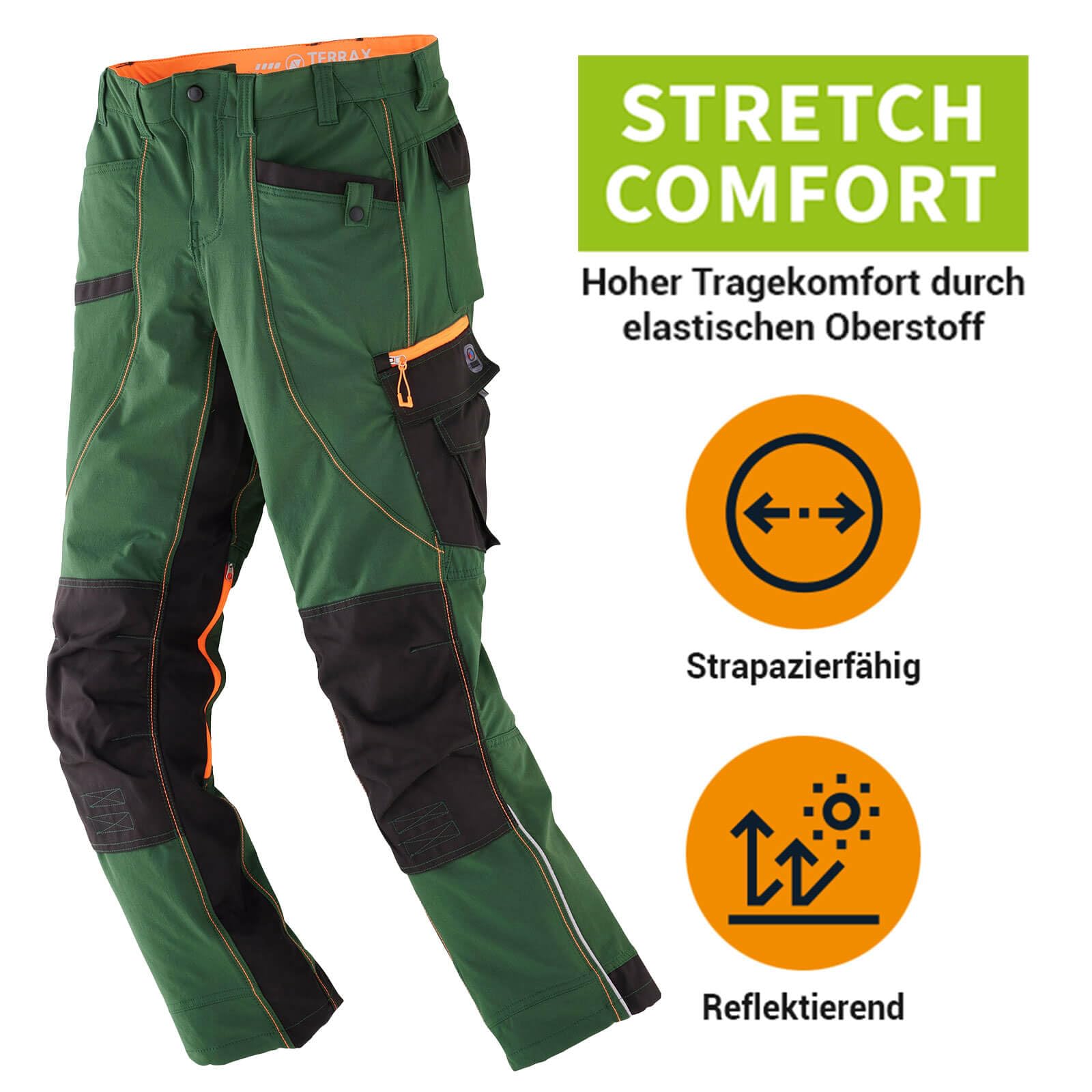 TERRAX WORKWEAR Męskie 4-kierunkowe spodnie ze stretchu, zielony leśny / pomarańczowy