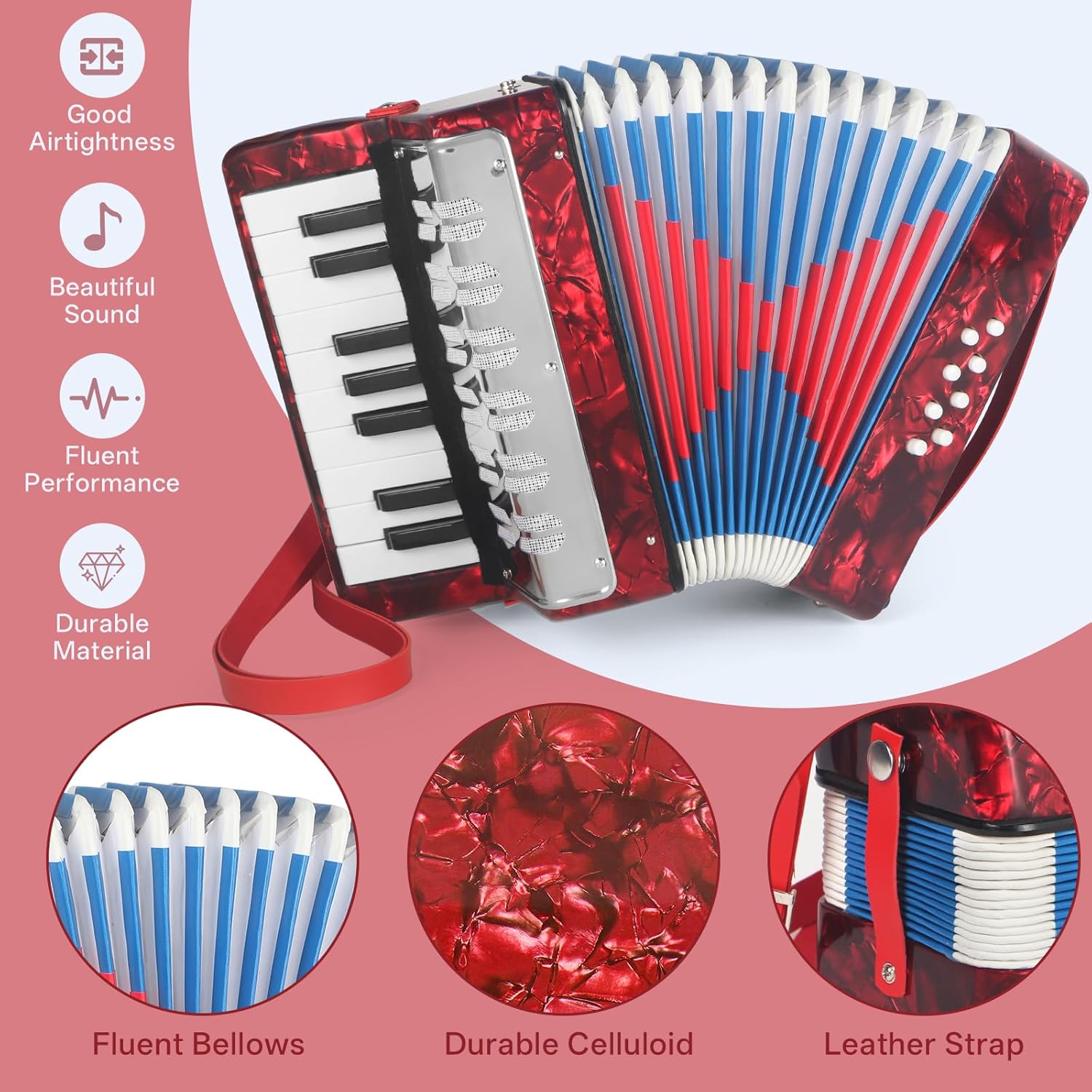 AKLOT 17 Key Piano Accordion, Lightweight & Compact Acordeon, Celluloid Accordions Brighter and Pure Tone than Plastic, Durable Metal Cover with Straps, Manual for Adult Beginners Acordeón (Red)
