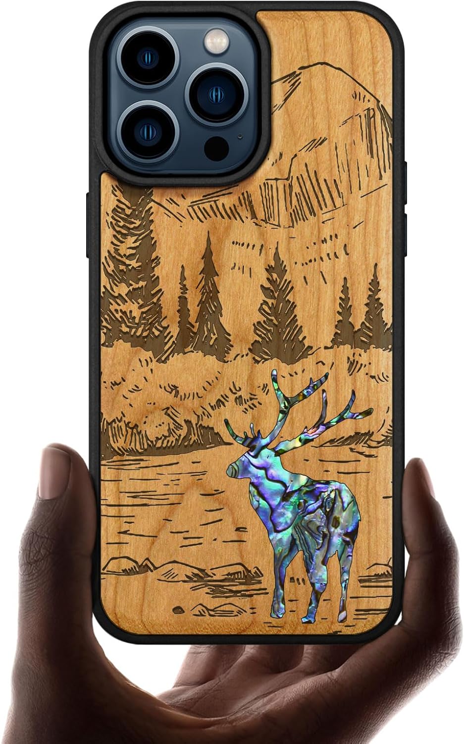 Carveit Wooden Case for iPhone 15 Pro Max Magnetic Case, Compatible with MagSafe Wireless Chargers, Shockproof Cover, Handmade Shell Inlaid & Wood Artisan Engraved (Forest Deer) Cherry