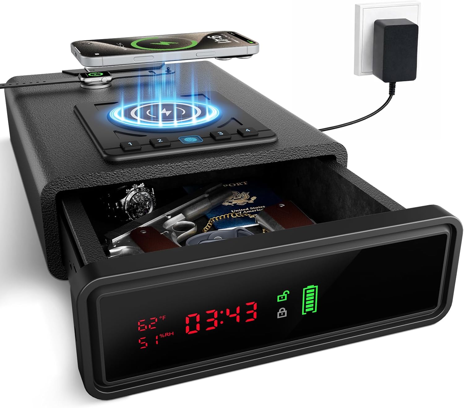 XDeer Biometric Gun Safe for Handgun with Wireless Charging, Quick Access Fingerprint Gun Safes, Bedside Pistol Case, 7/24 Digital Alarm Clock Small safe 1PCS