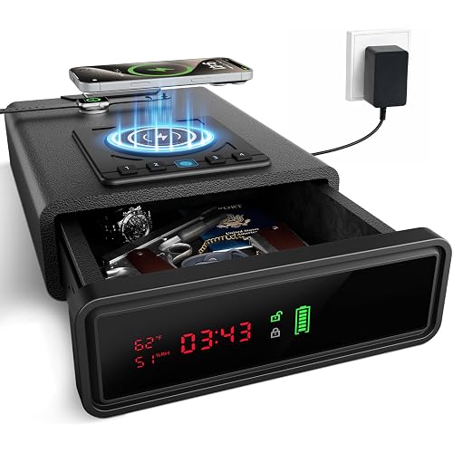 XDeer Biometric Gun Safe for Handgun with Wireless Charging, Quick Access Fingerprint Gun Safes, Bedside Pistol Case, 7/24 Digital Alarm Clock Small safe 1PCS