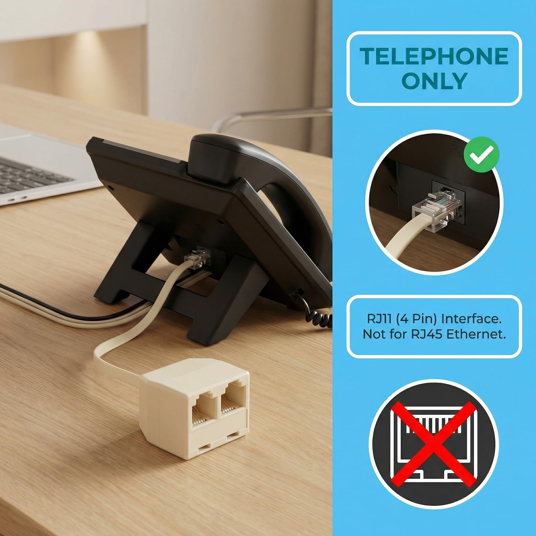 VertexOval Répartiteur Téléphonique RJ11 6P4C (1 Mâle vers 2 Femelles), Adaptateur Doubleur de Prise Téléphone Fixe pour Box ADSL, Fax, Modem et Répondeur - Câble Séparateur de Ligne - 3