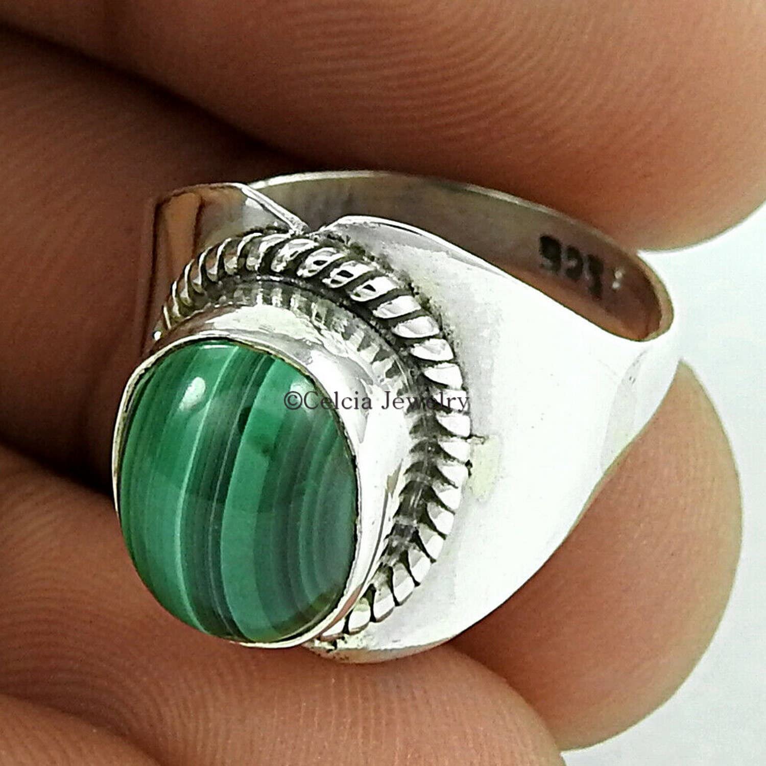 anillo piedras preciosas naturales de malaquita, plata de ley 925 sólida, anillo unisex hecho a mano, regalos de boda únicos para mujeres, anillo sello, regalos de vacaciones, anillo tungsteno